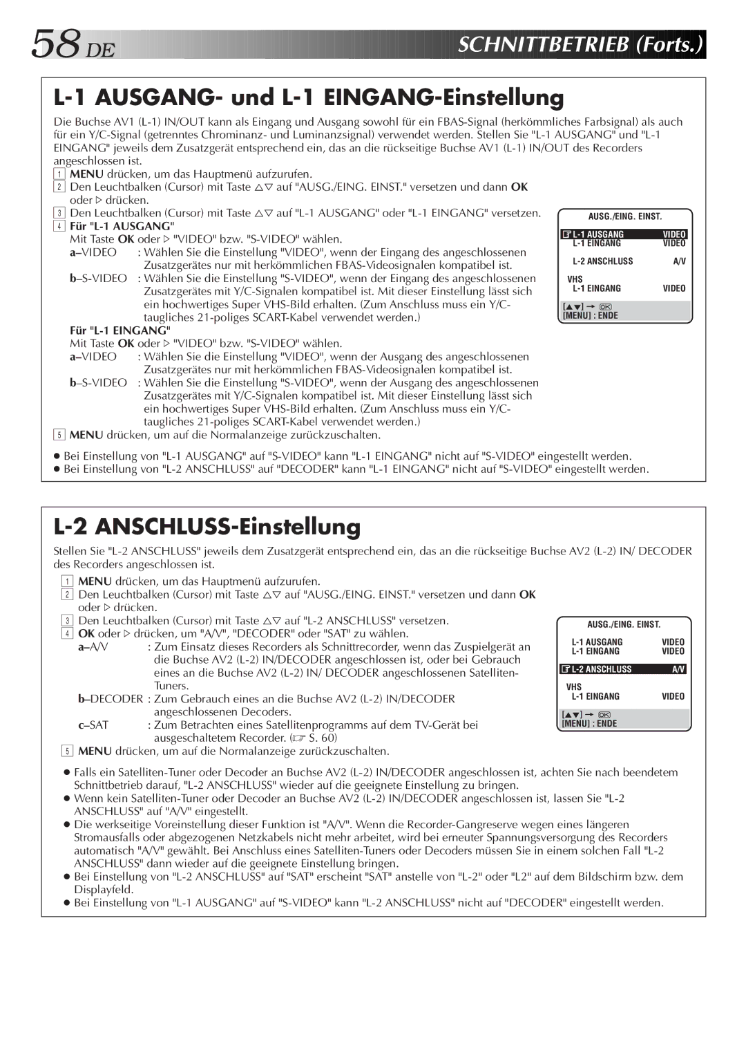 JVC HR-DVS2EU manual AUSGANG- und L-1 EINGANG-Einstellung, ANSCHLUSS-Einstellung, Für L-1 Ausgang, Für L-1 Eingang 