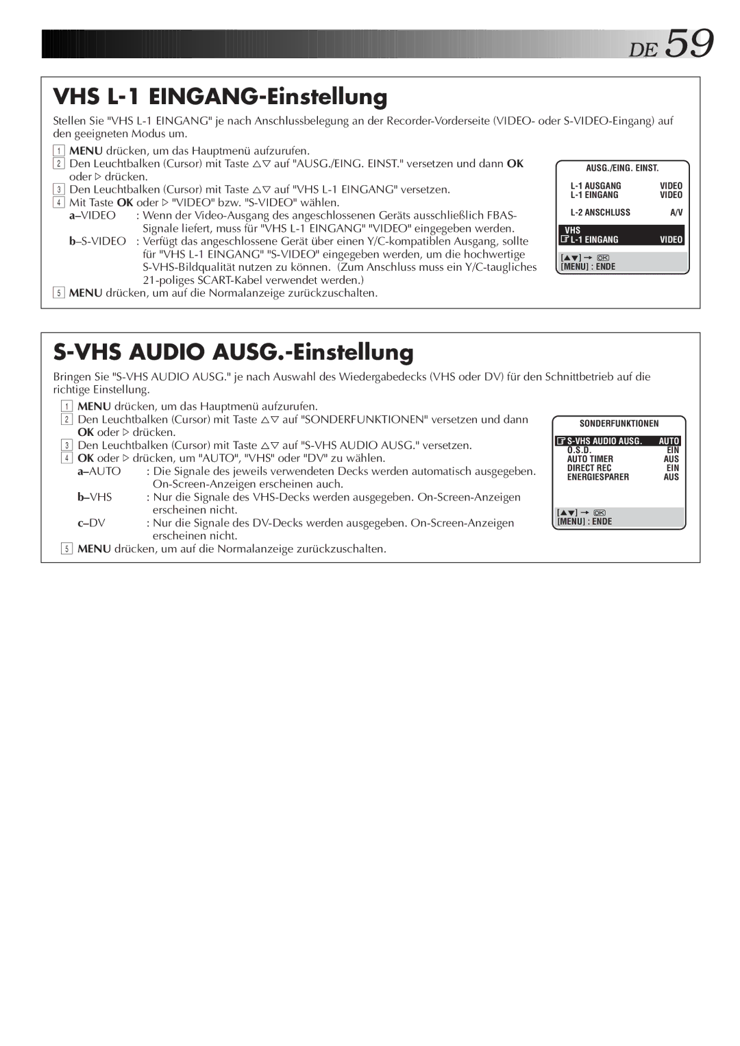 JVC HR-DVS2EU manual VHS L-1 EINGANG-Einstellung, VHS Audio AUSG.-Einstellung 