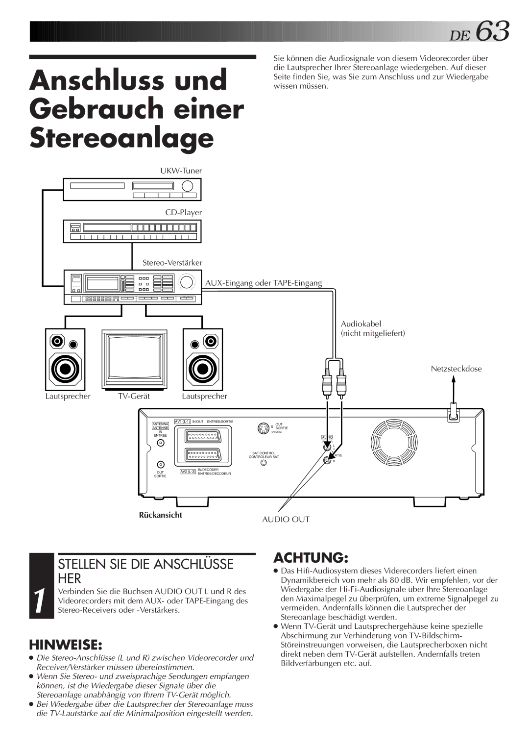 JVC HR-DVS2EU manual Anschluss und Gebrauch einer Stereoanlage, Stellen SIE DIE Anschlüsse, Her, Audio OUT 