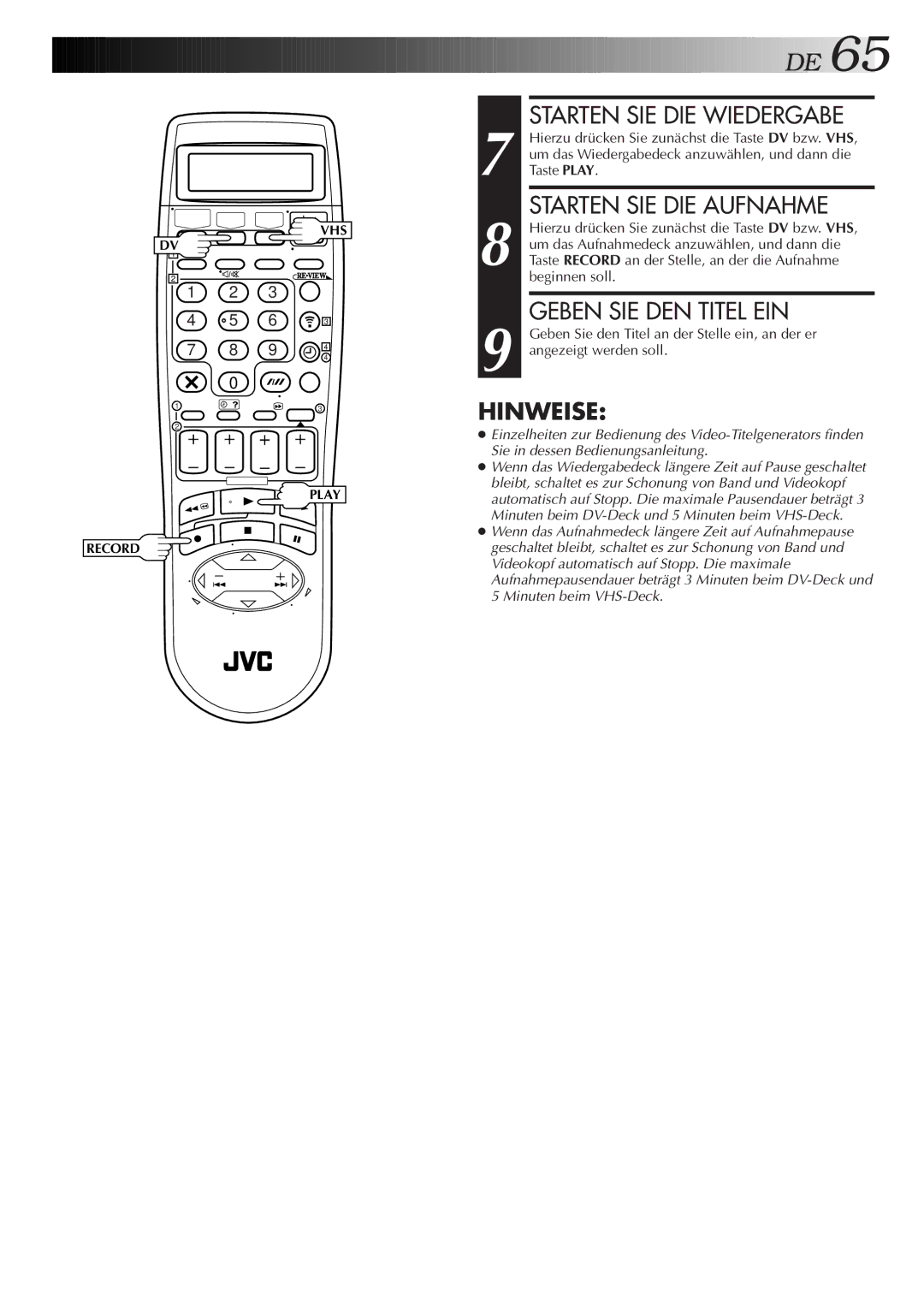 JVC HR-DVS2EU manual Geben SIE DEN Titel EIN, Starten SIE DIE Wiedergabe, Taste Play 