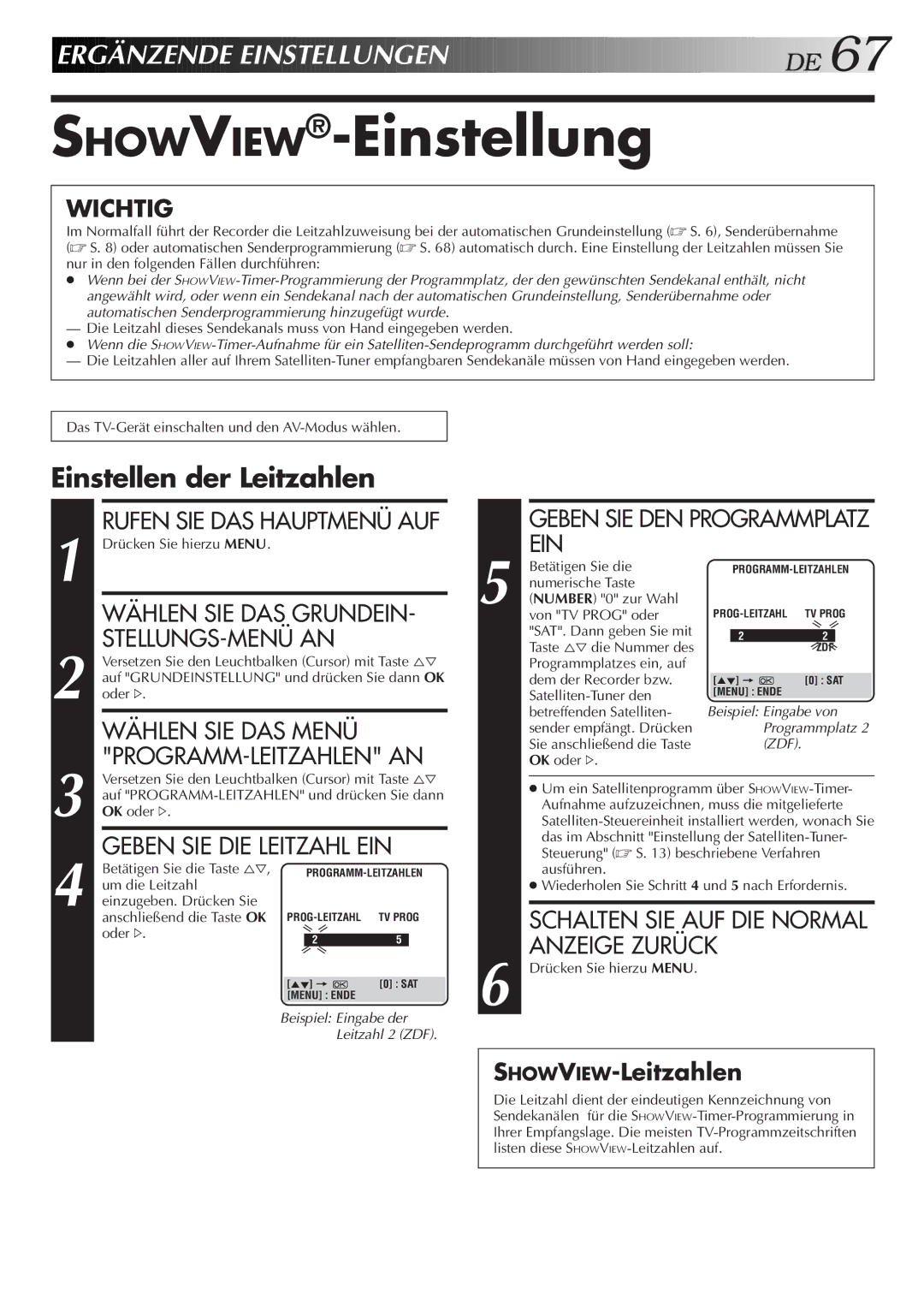 JVC HR-DVS2EU manual Ergä Nzende Einstellungen DE, Einstellen der Leitzahlen 