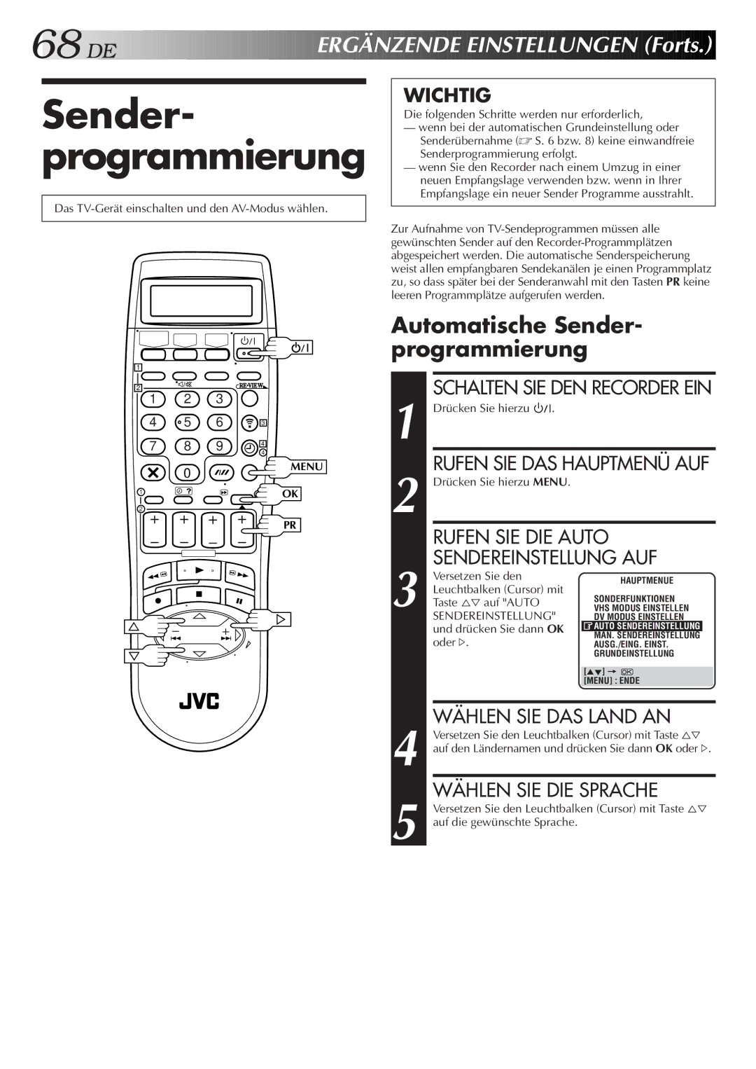 JVC HR-DVS2EU manual Ergän Zende Einstellungen Forts, Automatische Sender- programmierung 