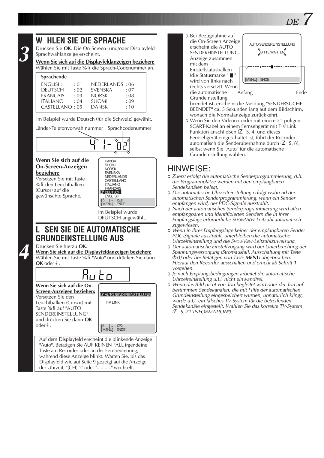 JVC HR-DVS2EU manual Wählen SIE DIE Sprache, Lösen SIE DIE Automatische Grundeinstellung AUS 