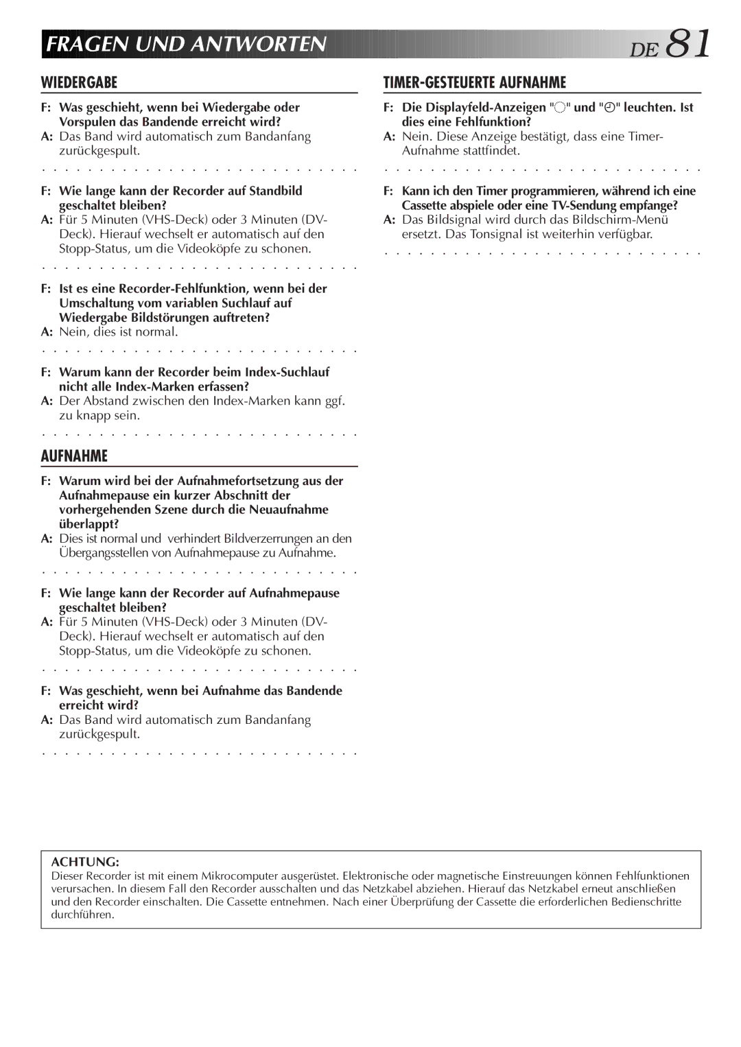 JVC HR-DVS2EU manual Frag EN UND Antworten DE, Wiedergabe 