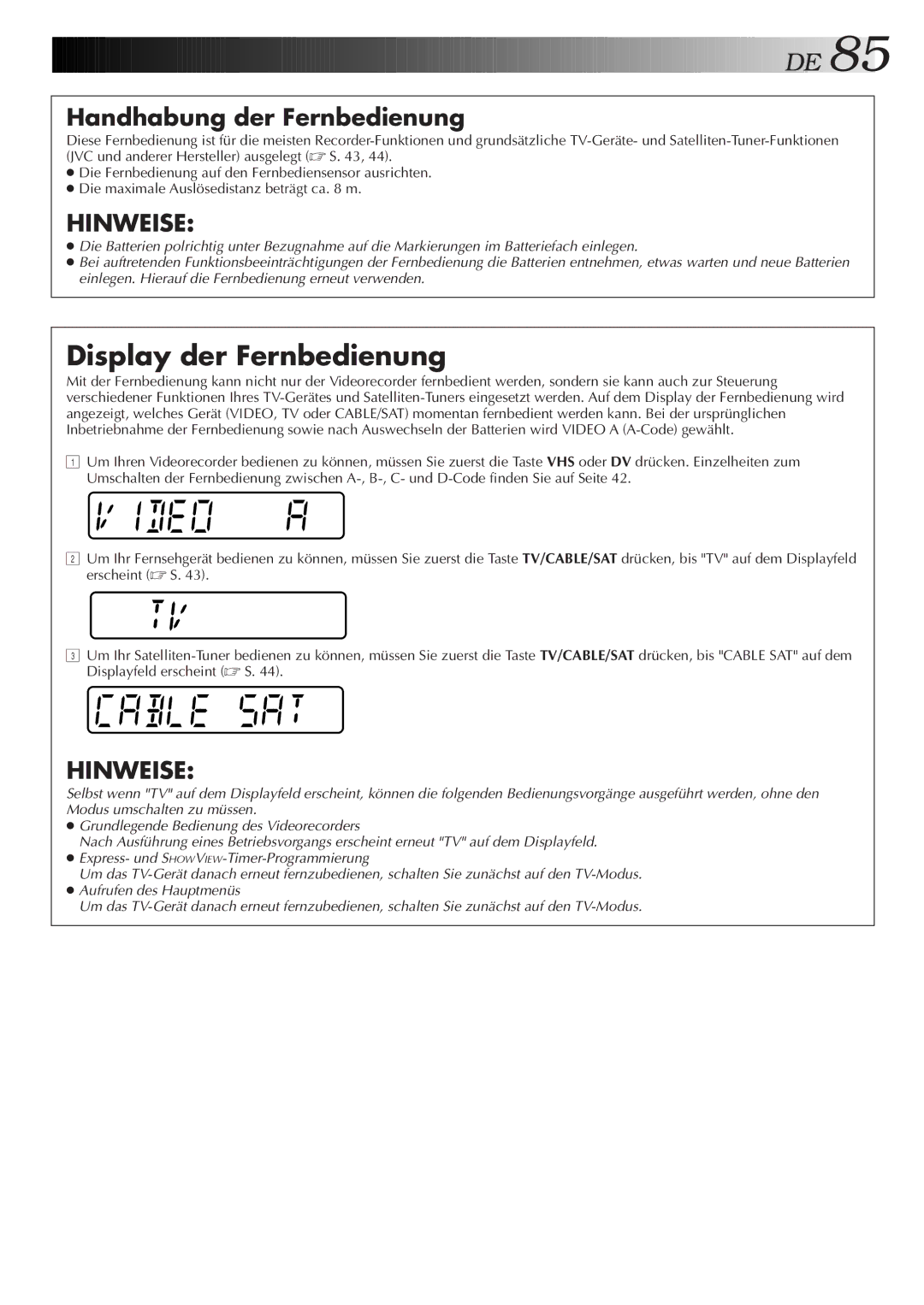 JVC HR-DVS2EU manual Display der Fernbedienung, Handhabung der Fernbedienung 