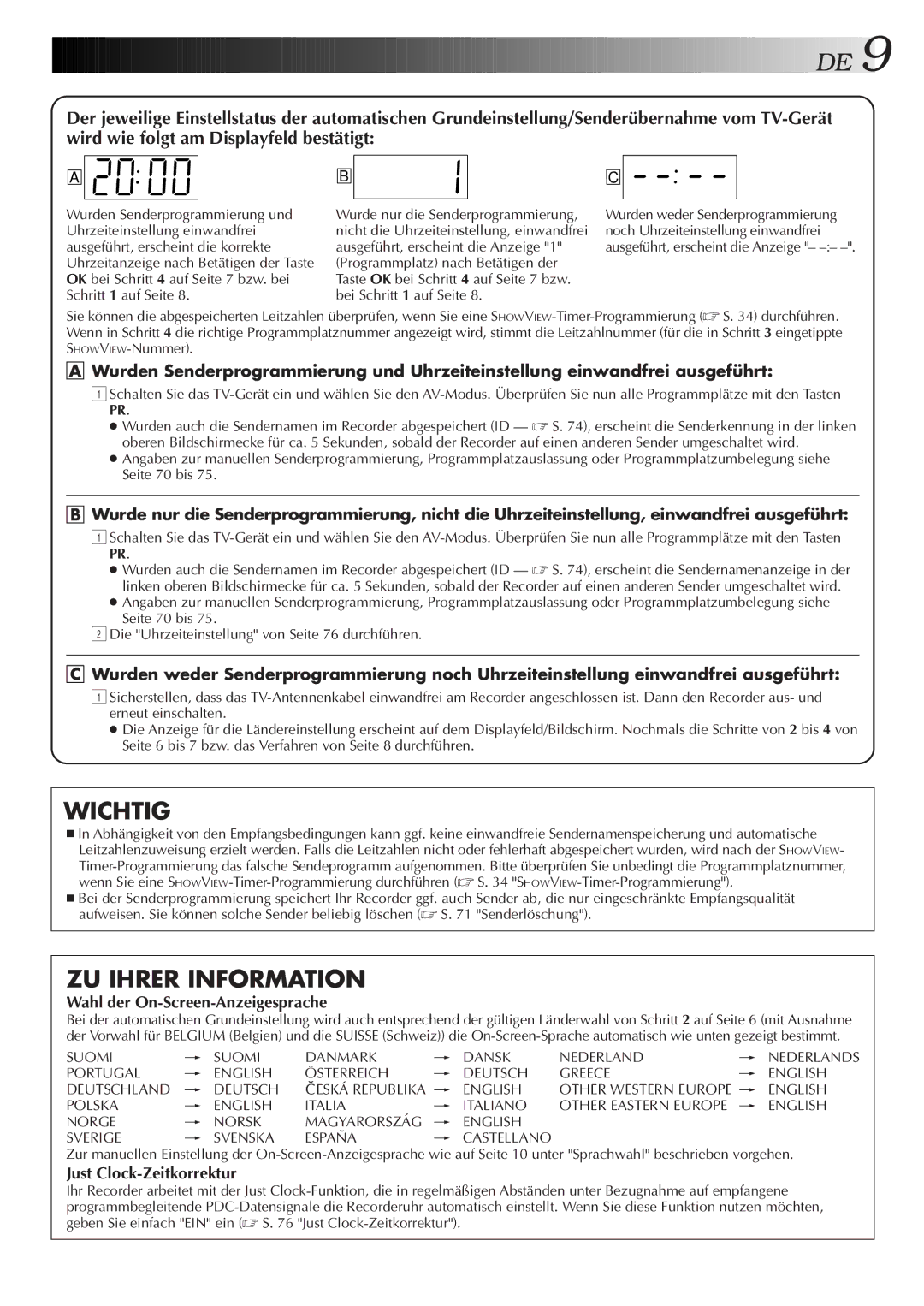 JVC HR-DVS2EU manual Wichtig, ZU Ihrer Information, English Sverige Svenska España Castellano 