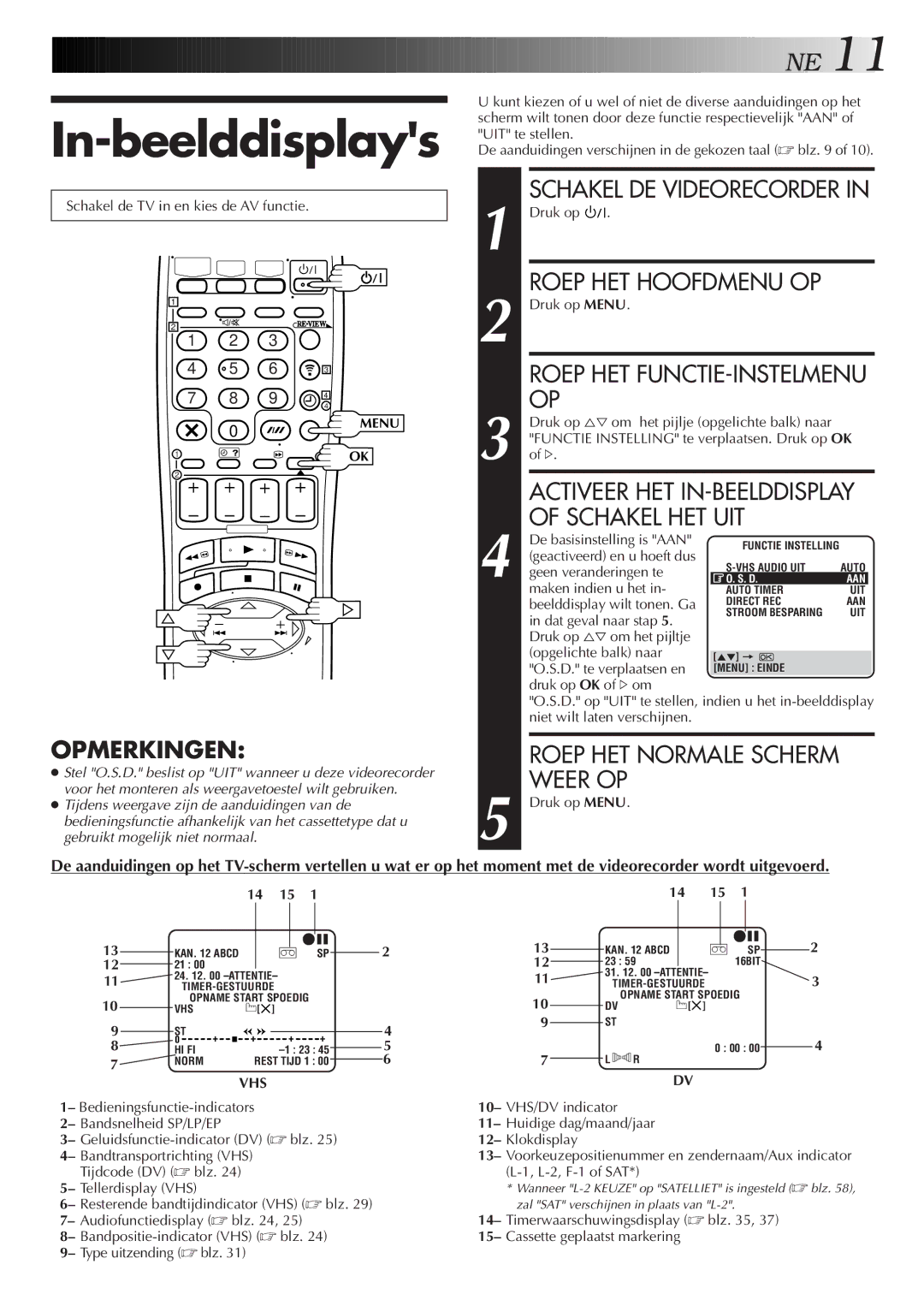 JVC HR-DVS2EU manual In-beelddisplays, Schakel HET UIT, Roep HET FUNCTIE-INSTELMENU, Activeer HET IN-BEELDDISPLAY, Vhs 