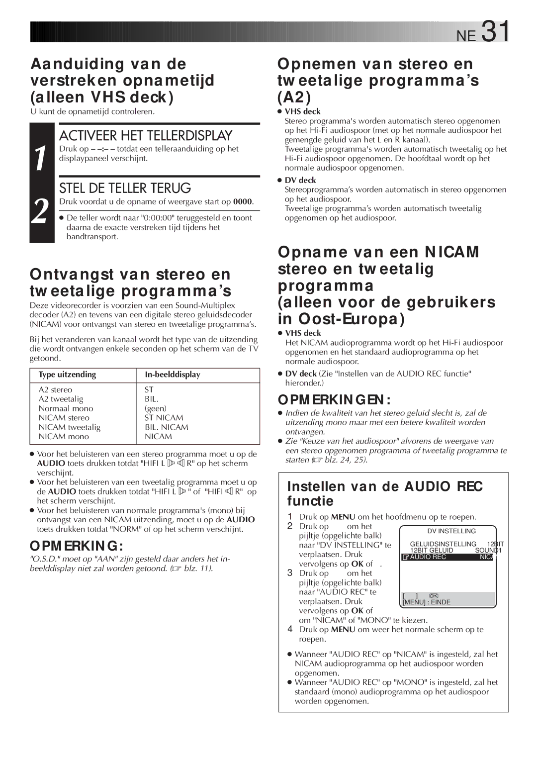 JVC HR-DVS2EU Aanduiding van de verstreken opnametijd alleen VHS deck, Opnemen van stereo en tweetalige programmas A2 