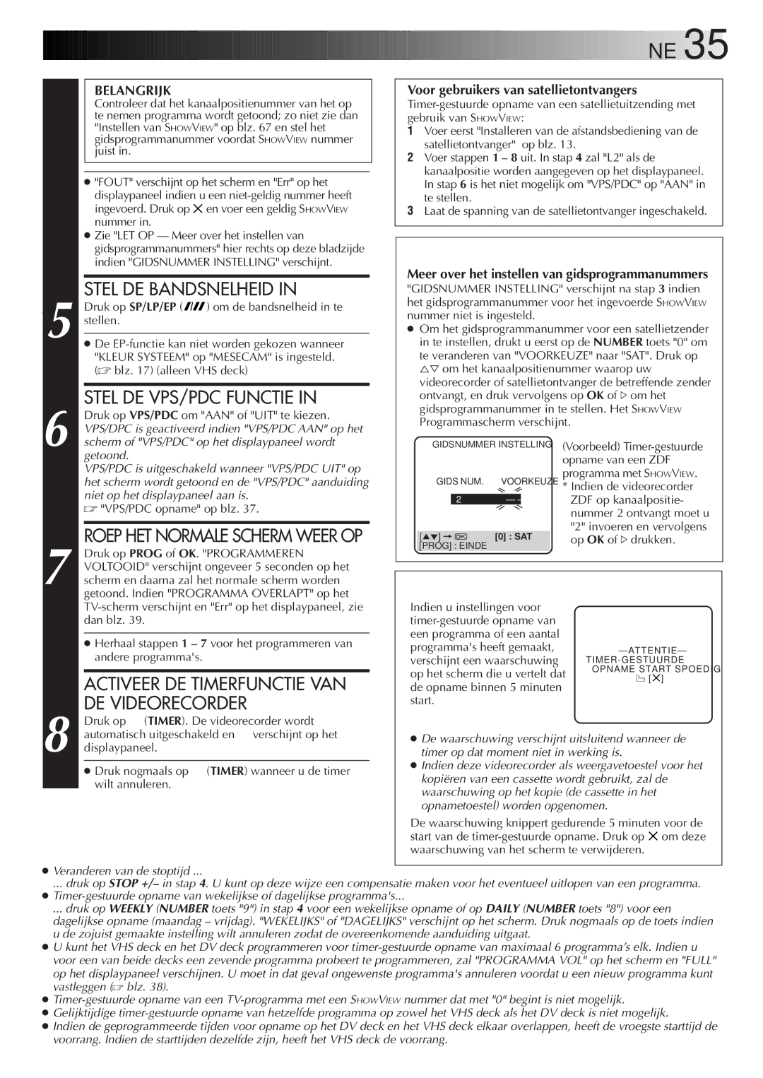 JVC HR-DVS2EU manual Timerwaarschuwing, Stel DE Bandsnelheid, Stel DE VPS/PDC Functie, Activeer DE Timerfunctie VAN 