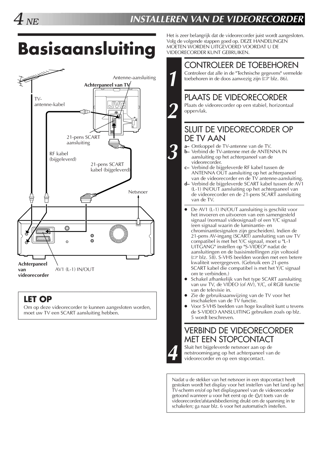 JVC HR-DVS2EU manual Basisaansluiting, Let Op 