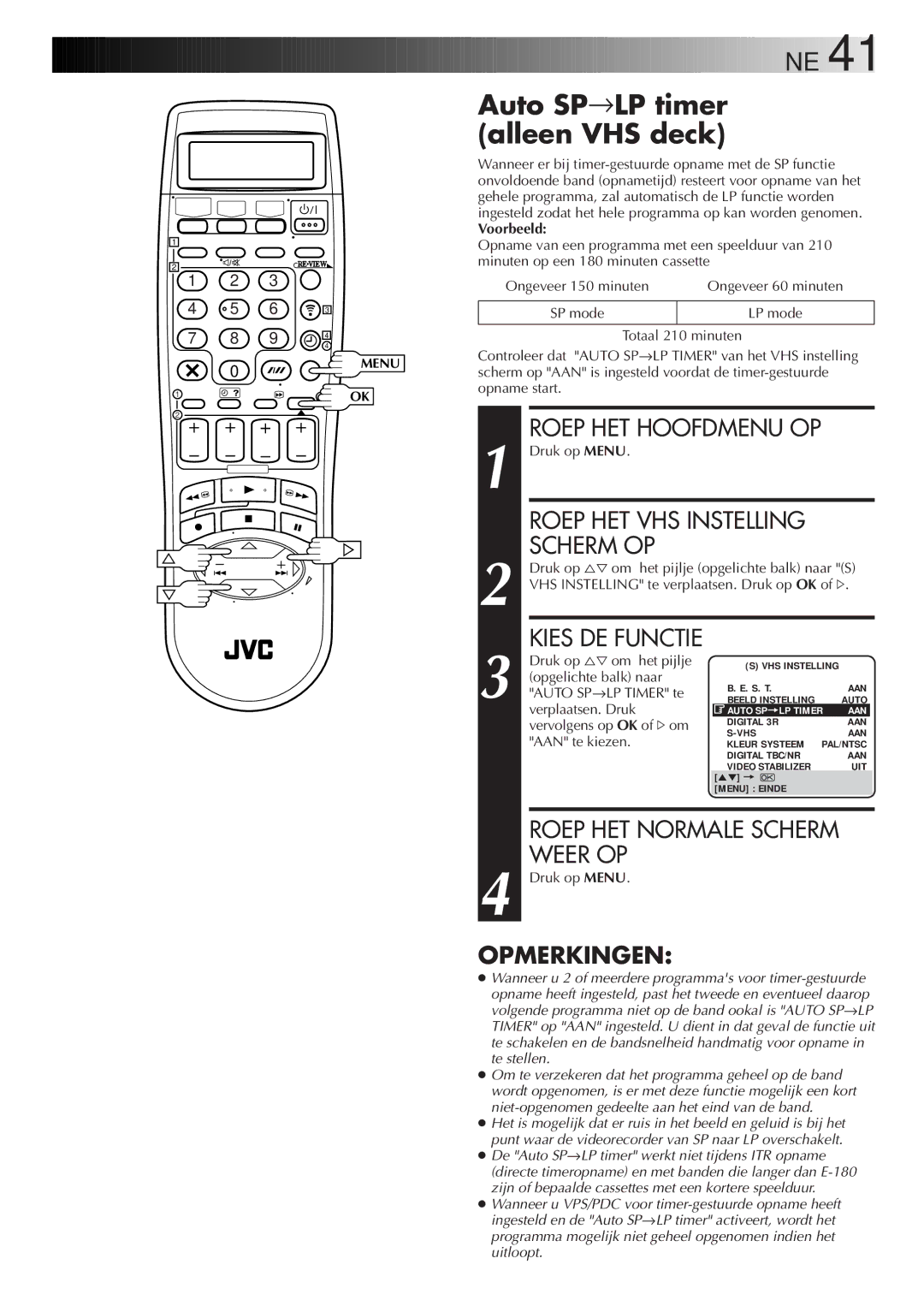 JVC HR-DVS2EU manual Auto SP→LP timer alleen VHS deck, Voorbeeld 