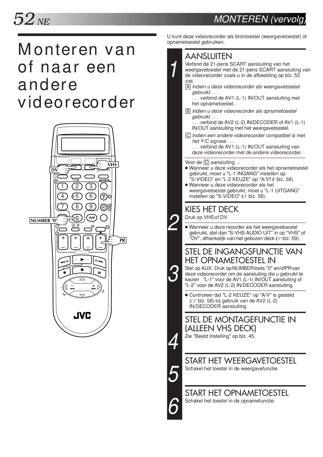 JVC HR-DVS2EU manual Monteren van of naar een andere videorecorder 