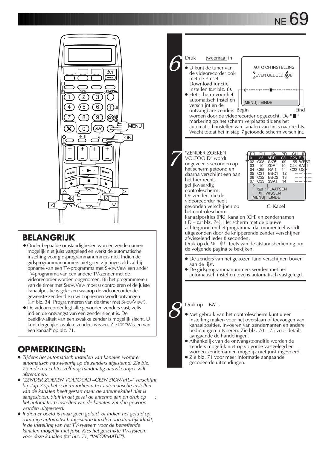 JVC HR-DVS2EU manual Start HET Automatisch Instellen VAN Kanalen, Bekijk HET Controlescherm, Zender Zoeken 