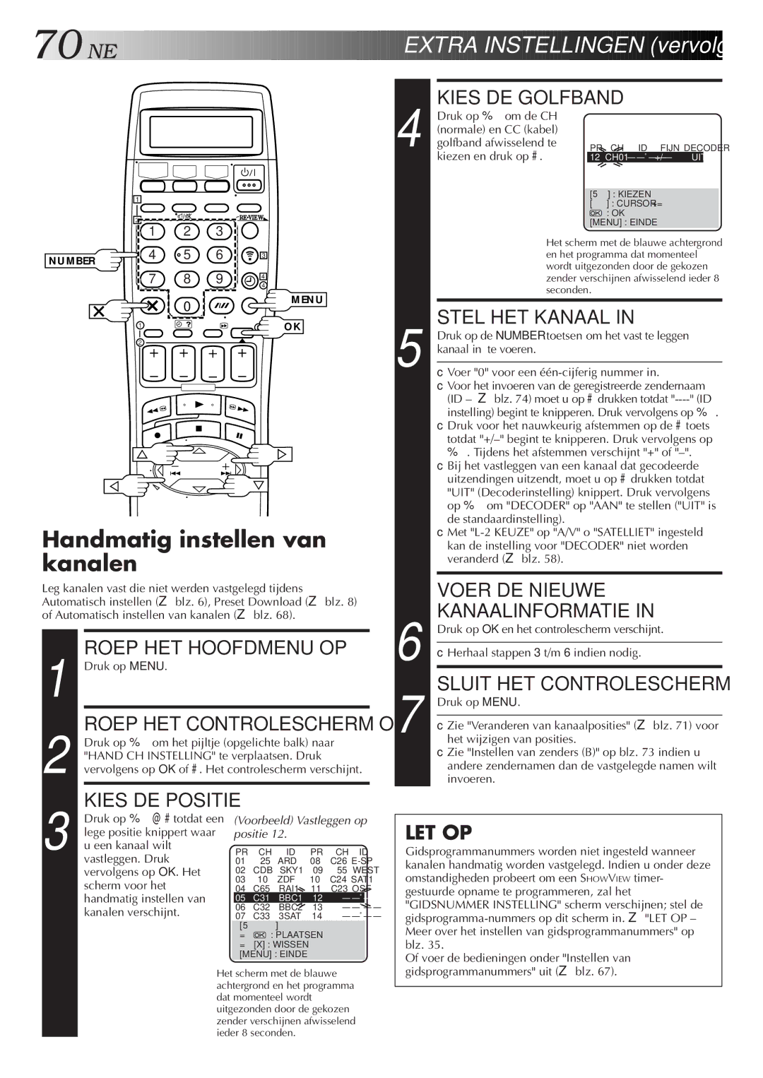 JVC HR-DVS2EU manual NE Extra Instellingen vervolg, Handmatig instellen van kanalen, Roep HET Hoofdmenu OP 