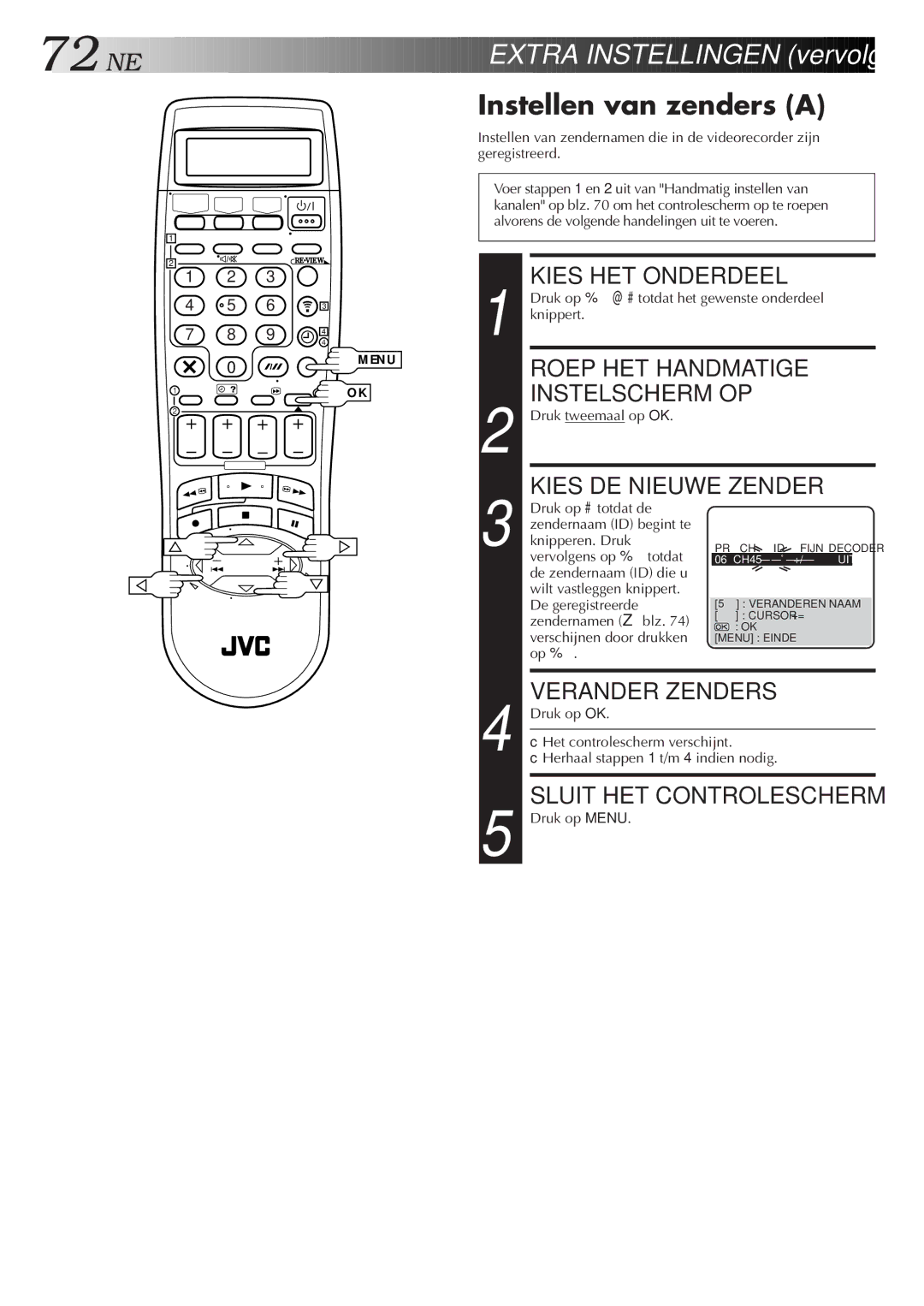 JVC HR-DVS2EU manual Instellen van zenders a, Roep HET Handmatige, Kies DE Nieuwe Zender, Verander Zenders, Instelscherm OP 