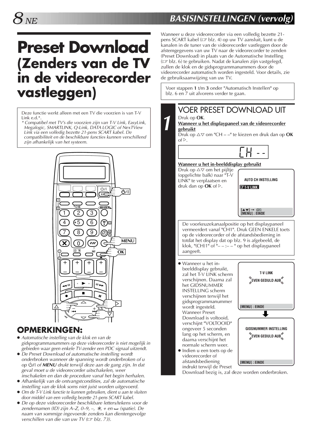 JVC HR-DVS2EU manual Preset Download, Zenders van de TV in de videorecorder vastleggen 