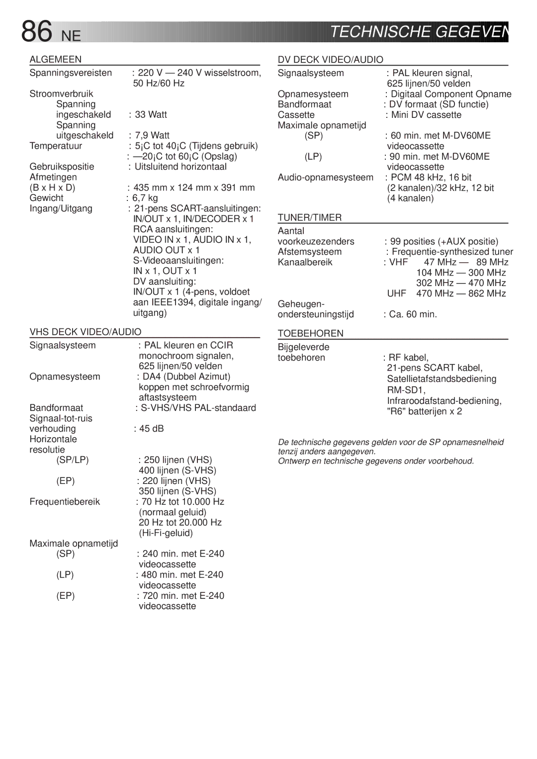 JVC HR-DVS2EU manual NE Technische Gegevens 