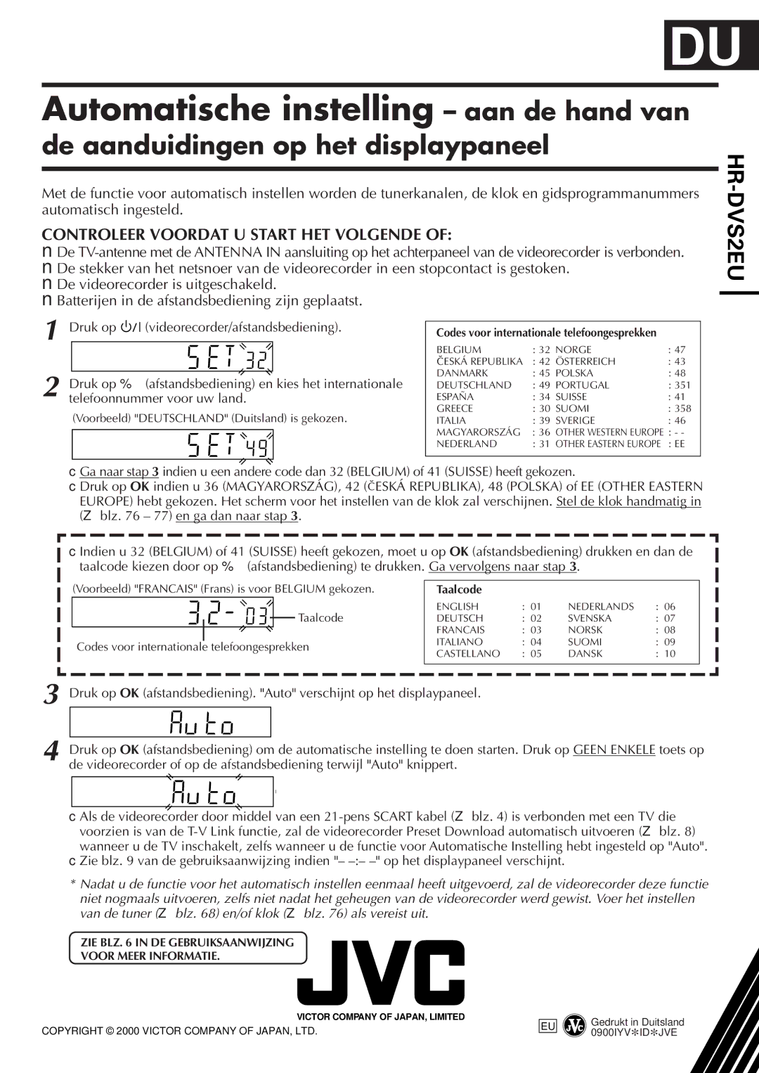 JVC HR-DVS2EU manual Voorbeeld Deutschland Duitsland is gekozen, Voorbeeld Francais Frans is voor Belgium gekozen, Taalcode 