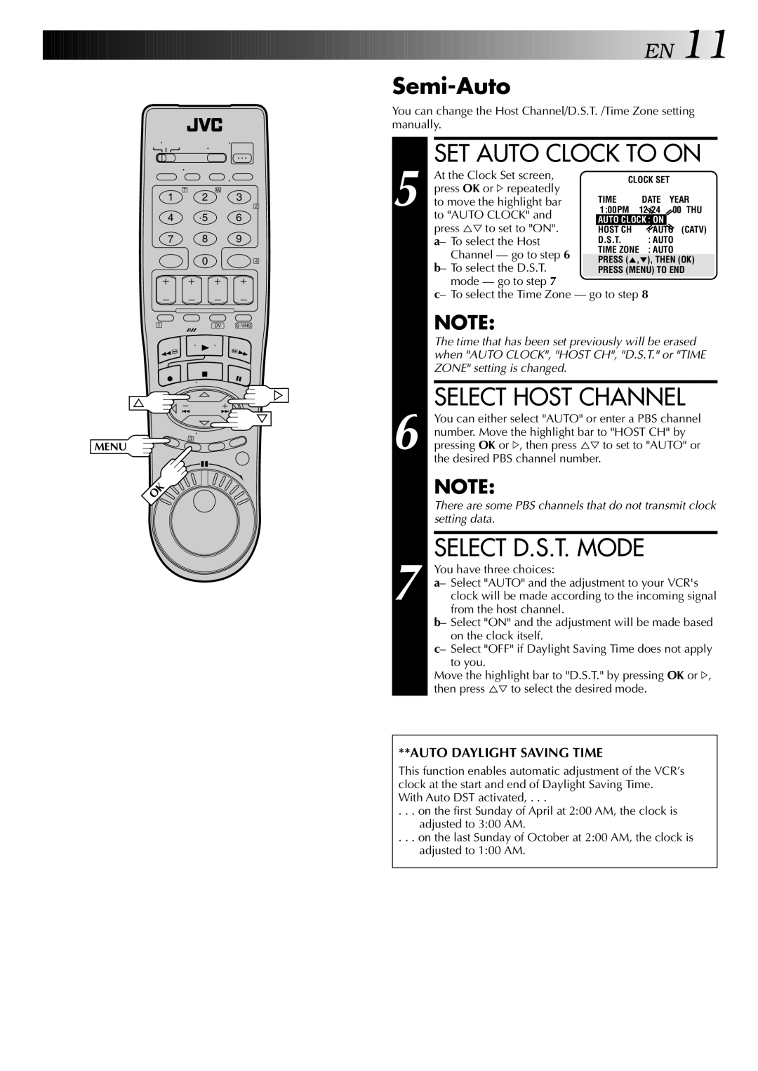 JVC HR-DVS2U manual SET Auto Clock to on, Select Host Channel, Semi-Auto 