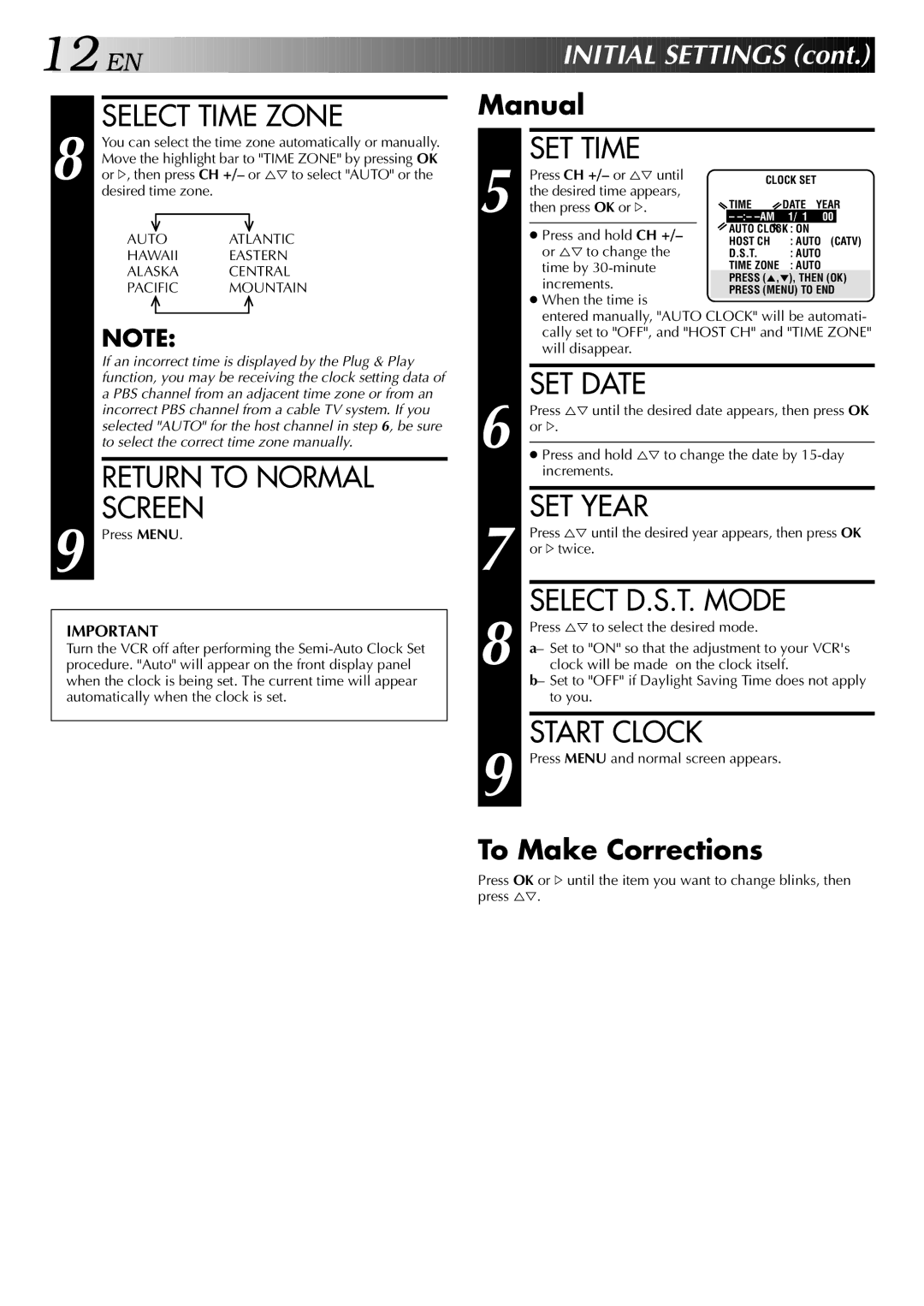 JVC HR-DVS2U Select Time Zone, Return to Normal Screen, SET Time, SET Date, SET Year, Select D.S.T. Mode, Start Clock 