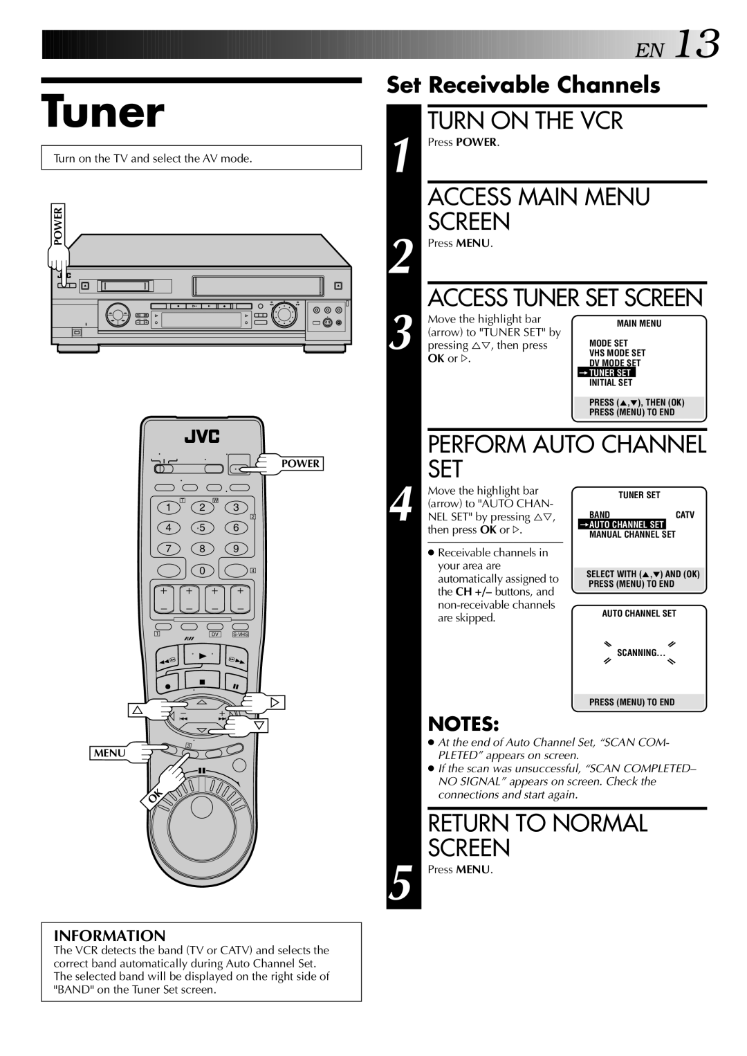 JVC HR-DVS2U manual Set Receivable Channels, Access Tuner SET Screen 