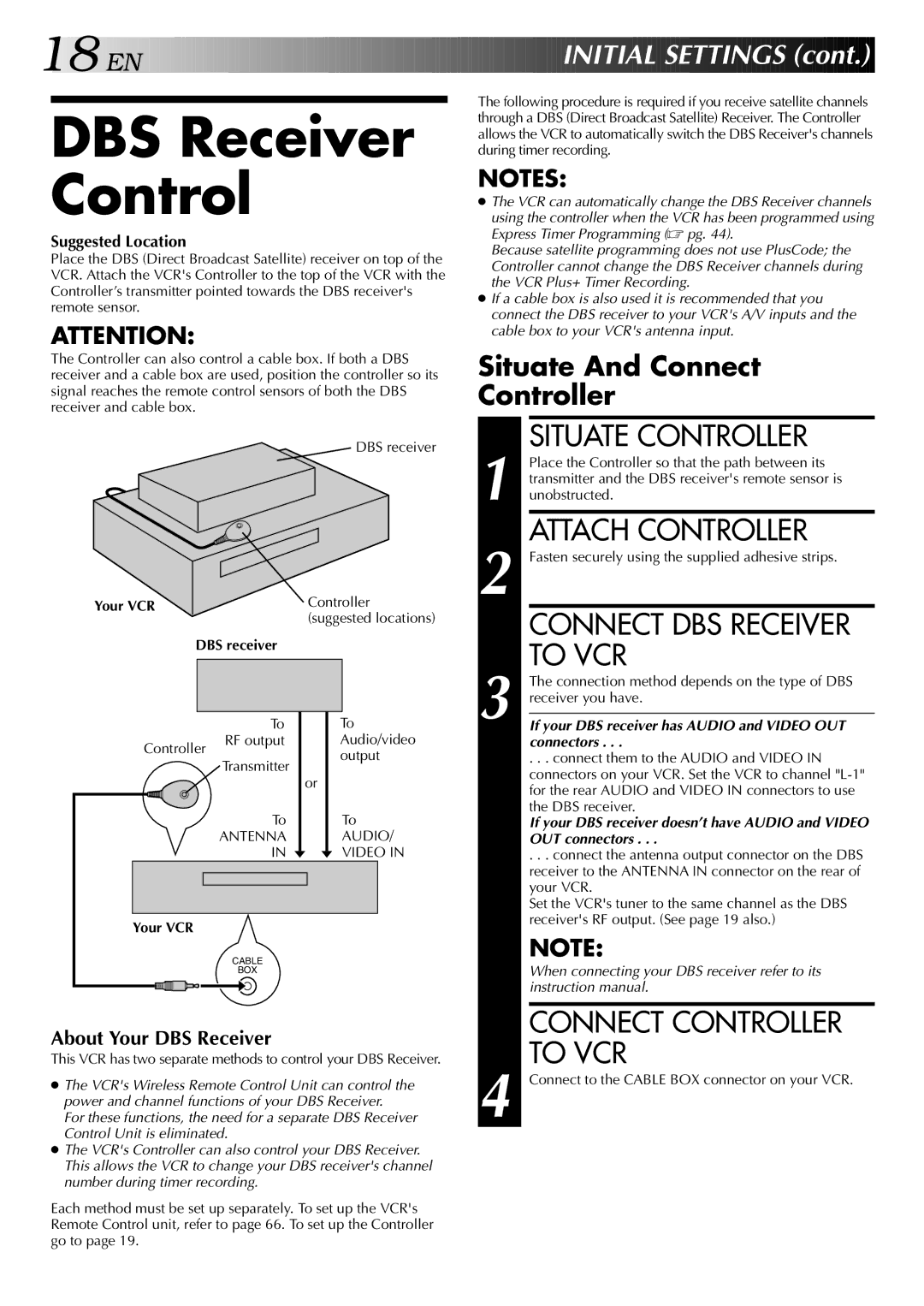 JVC HR-DVS2U manual DBS Receiver Control, Connect DBS Receiver to VCR, DBS receiver 