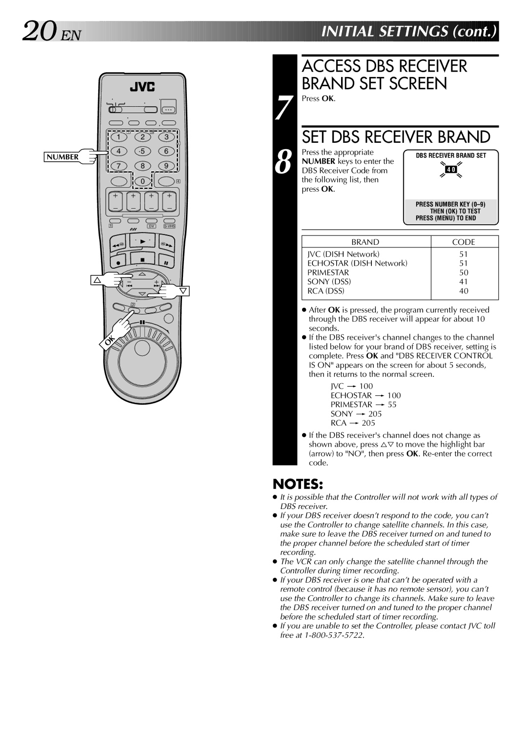 JVC HR-DVS2U manual Access DBS Receiver, DBS Receiver Code from Following list, then Press OK, Jvc 