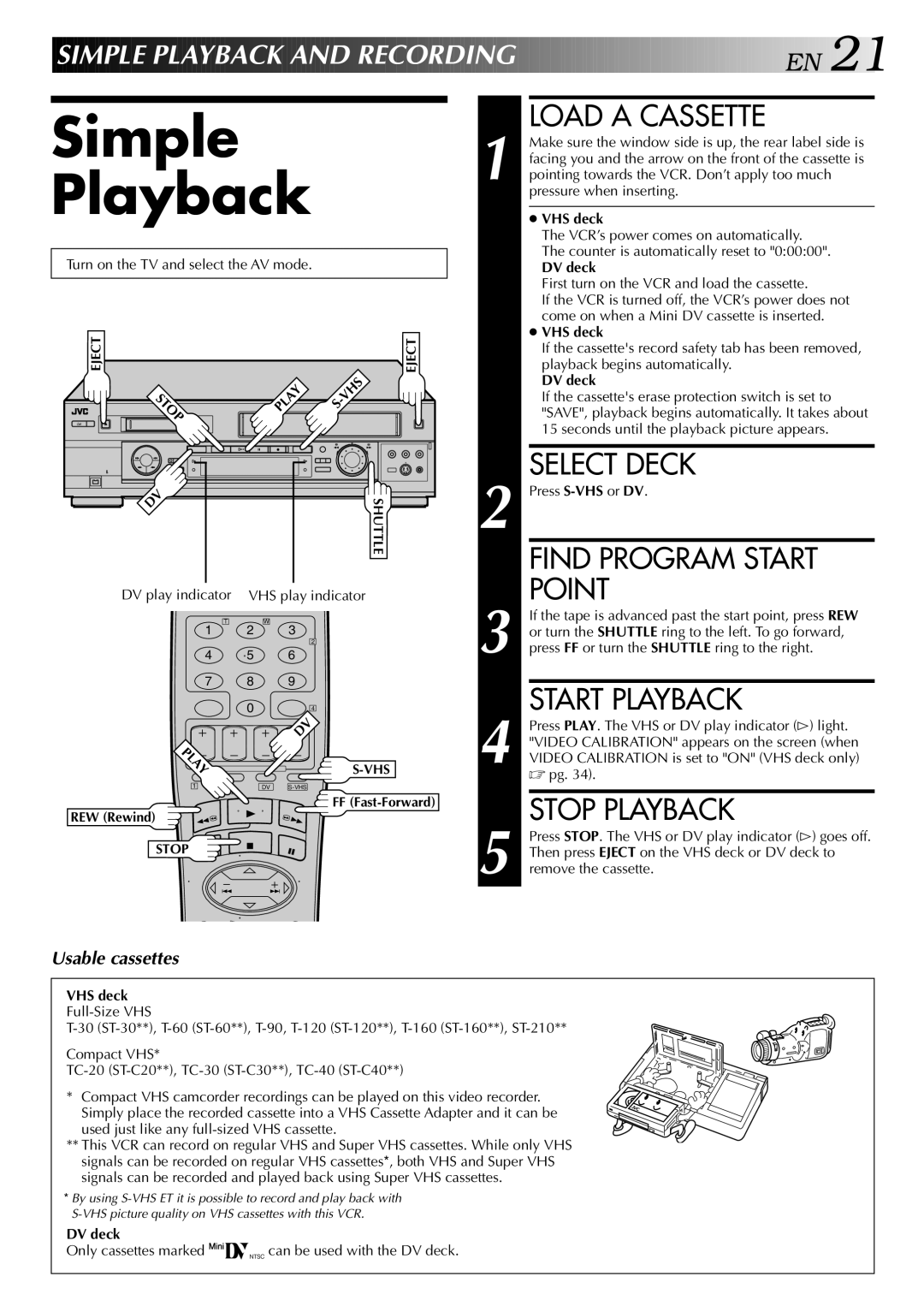 JVC HR-DVS2U manual Simple Playback 