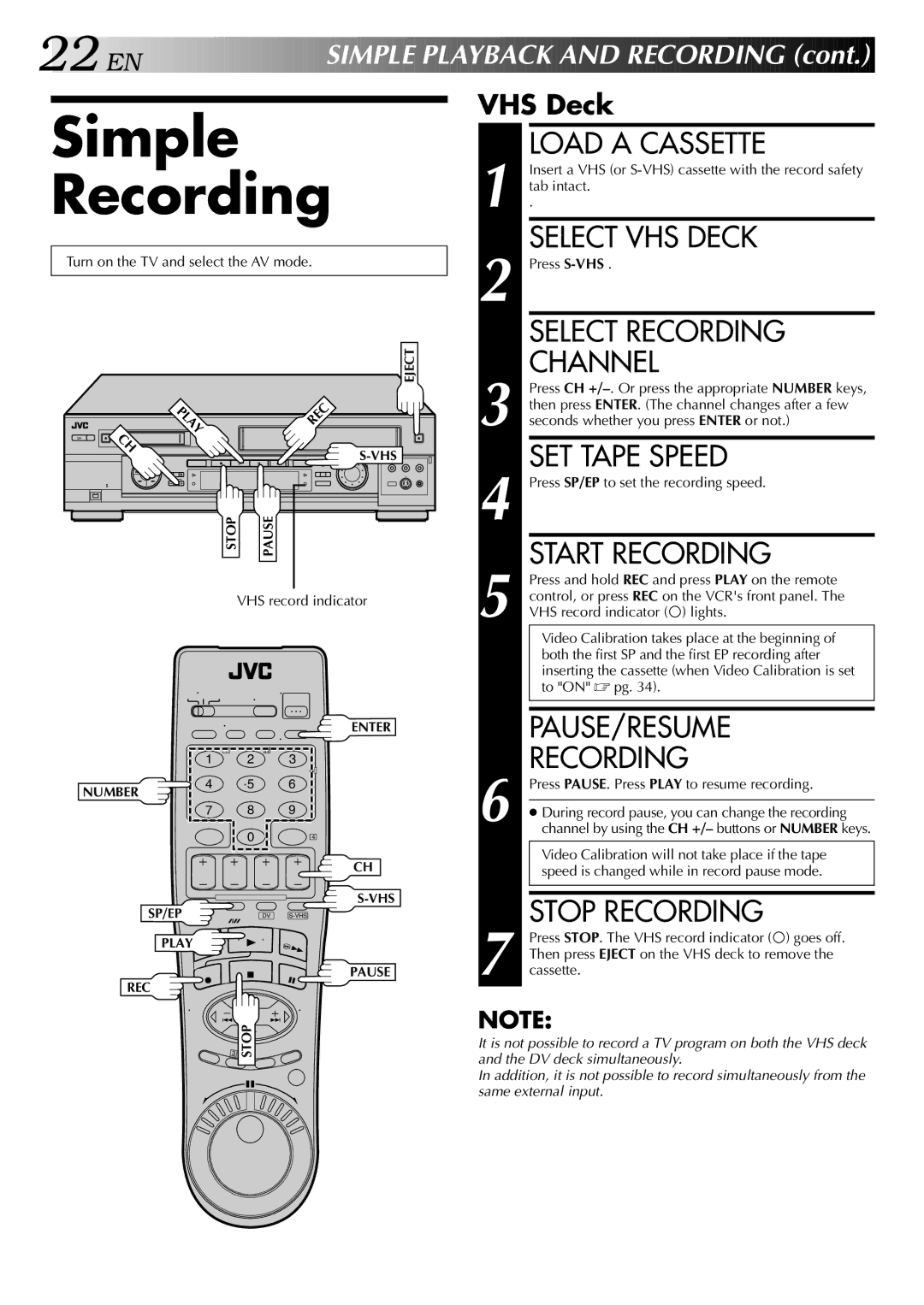 JVC HR-DVS2U manual Simple Recording, 22 EN 