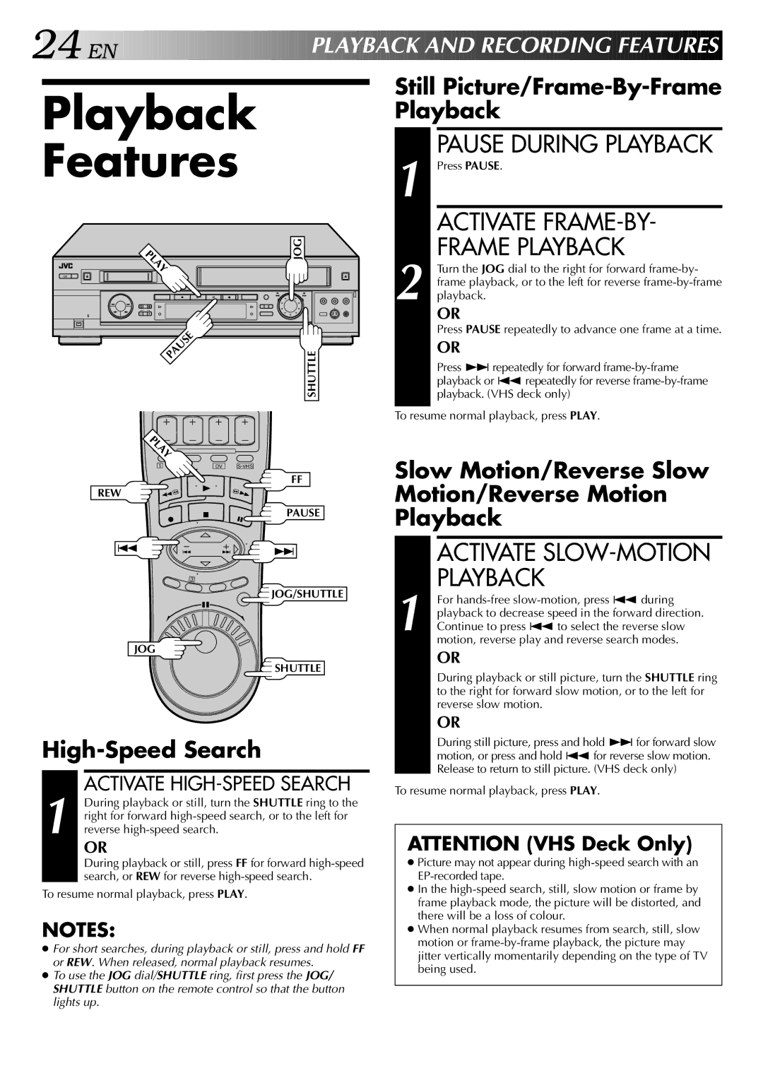 JVC HR-DVS2U manual Playback Features, 24 EN 