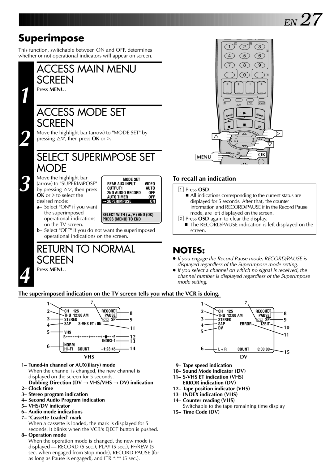 JVC HR-DVS2U manual Access Mode SET Screen, Select Superimpose SET 