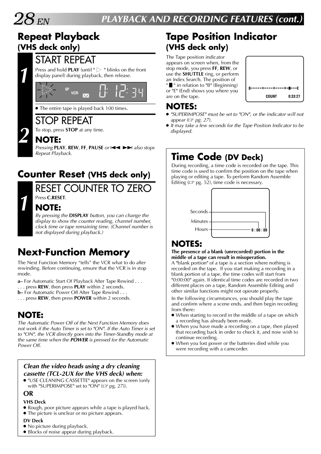 JVC HR-DVS2U manual 28 EN, Start Repeat, Stop Repeat 