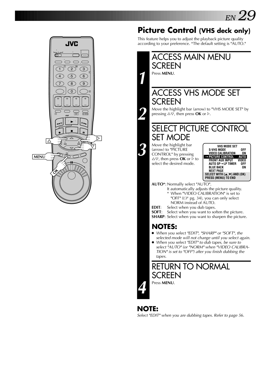 JVC HR-DVS2U manual Picture Control VHS deck only 
