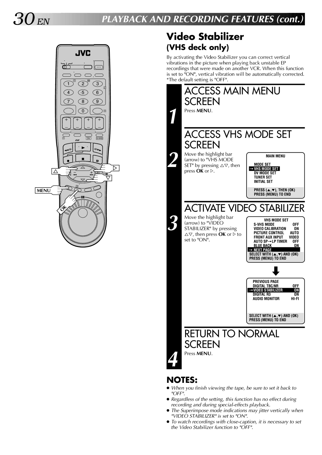 JVC HR-DVS2U manual 30 EN, Video Stabilizer 