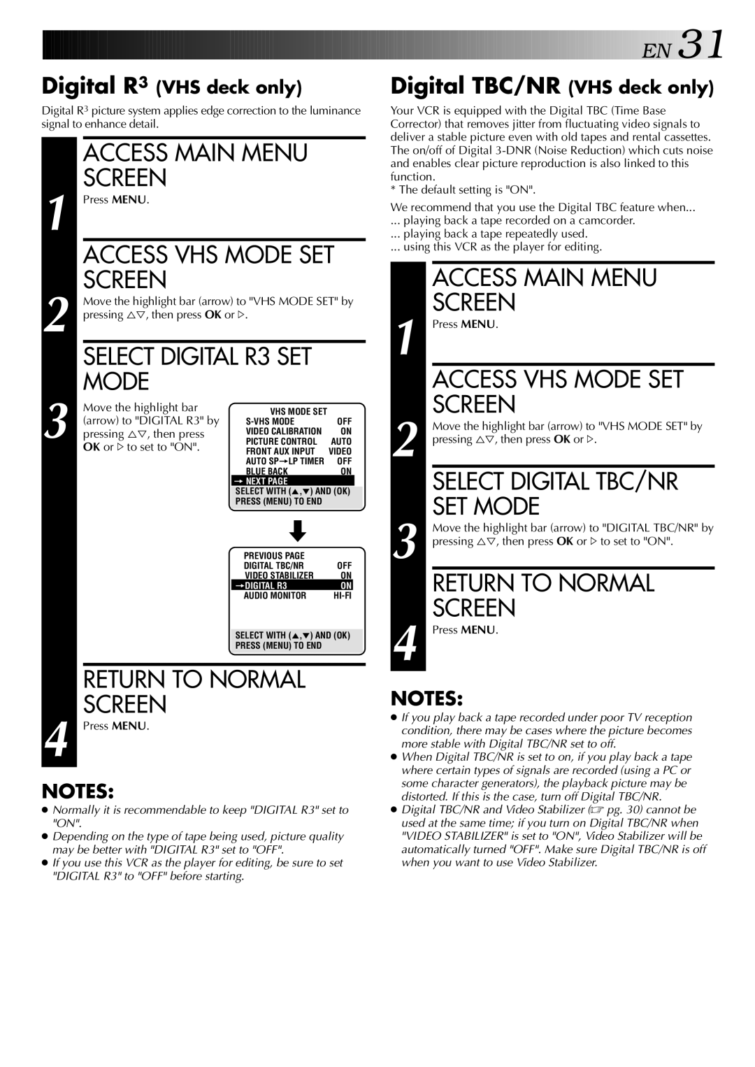 JVC HR-DVS2U manual Access VHS Mode SET Screen, Select Digital TBC/NR SET Mode, Digital TBC/NR VHS deck only 