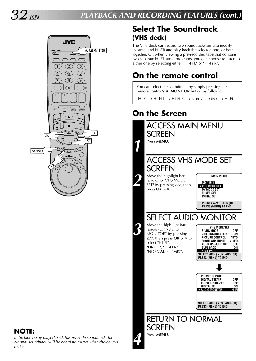 JVC HR-DVS2U manual 32 EN, Select The Soundtrack, On the remote control, On the Screen, VHS deck 