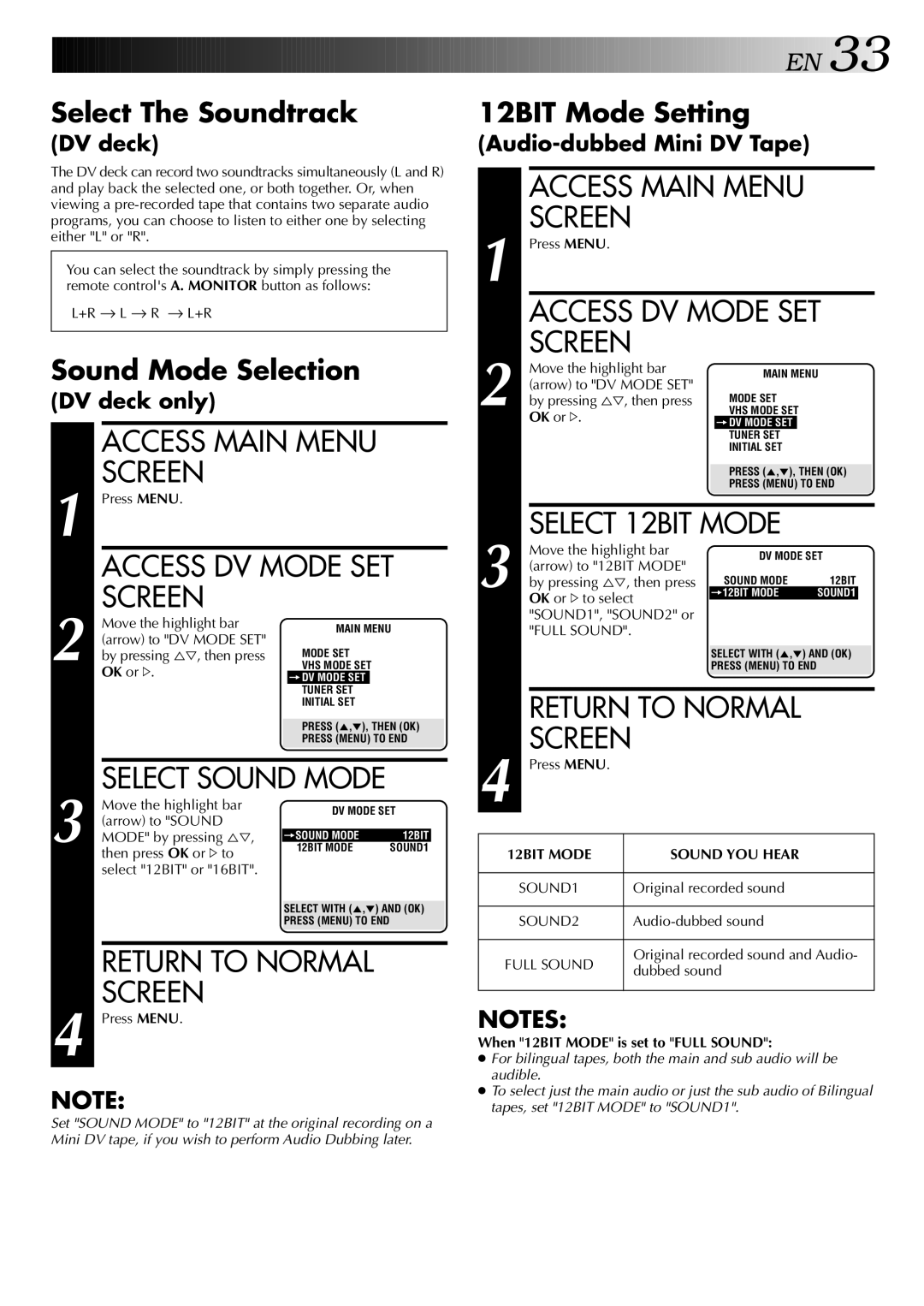 JVC HR-DVS2U manual Access DV Mode SET Screen, Select 12BIT Mode, Sound Mode Selection, 12BIT Mode Setting 