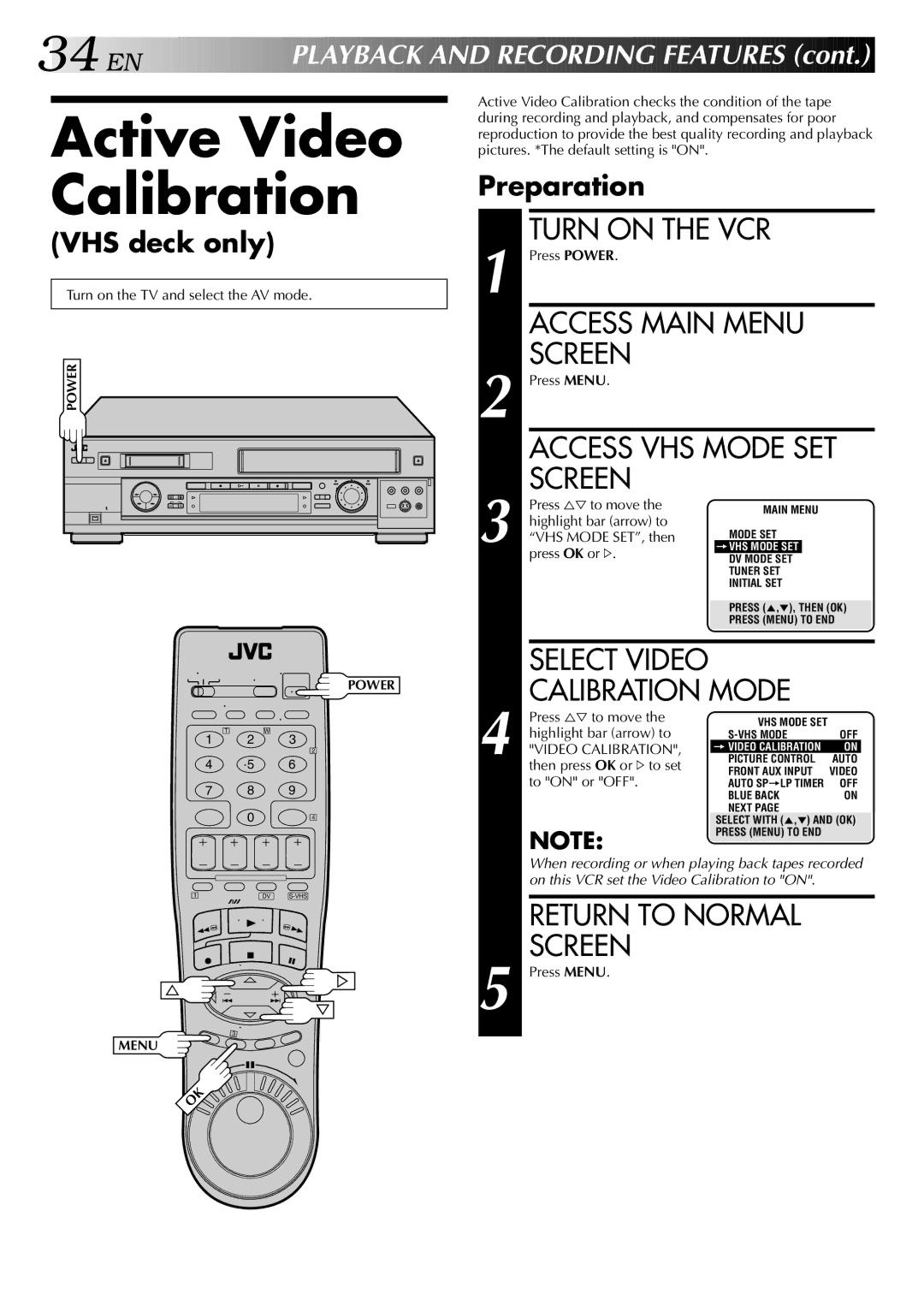 JVC HR-DVS2U manual Active Video Calibration, 34 EN, VHS deck only 