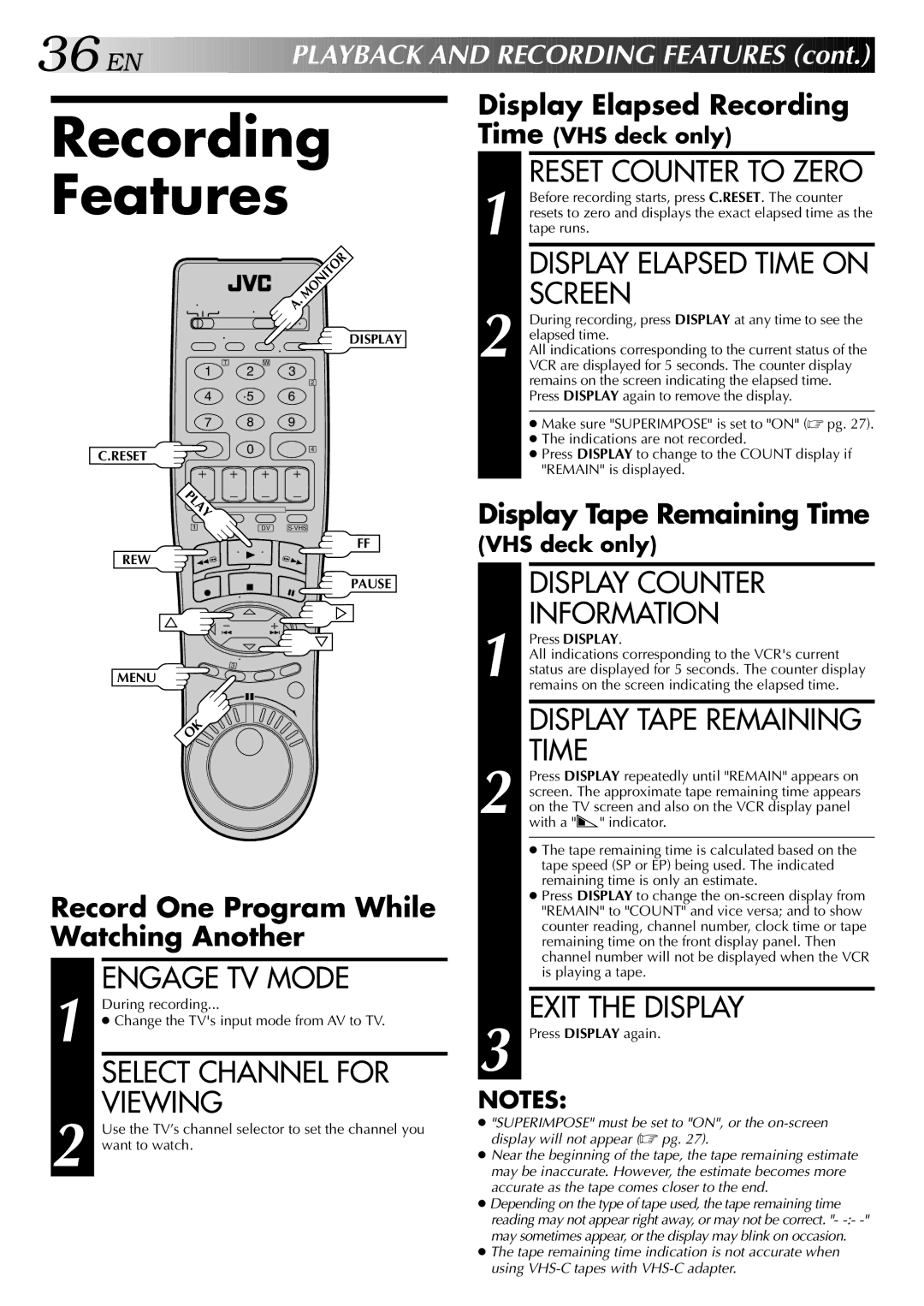 JVC HR-DVS2U manual Recording Features, 36 EN 