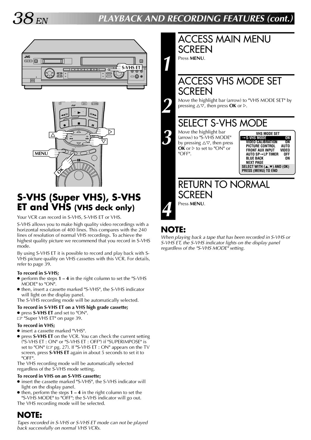 JVC HR-DVS2U manual 38 EN, Access VHS Mode SET, Select S-VHS Mode, VHS Super VHS, S-VHS, ET and VHS VHS deck only 