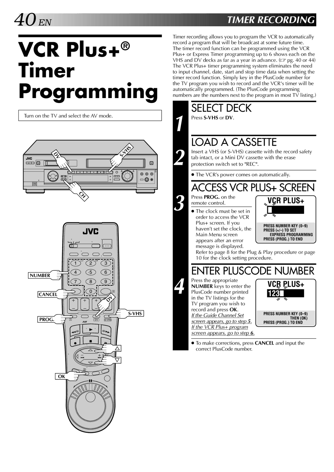 JVC HR-DVS2U VCR Plus+ Timer Programming, Enter Pluscode Number, EN Timer Recording, Press PROG. on the remote control 