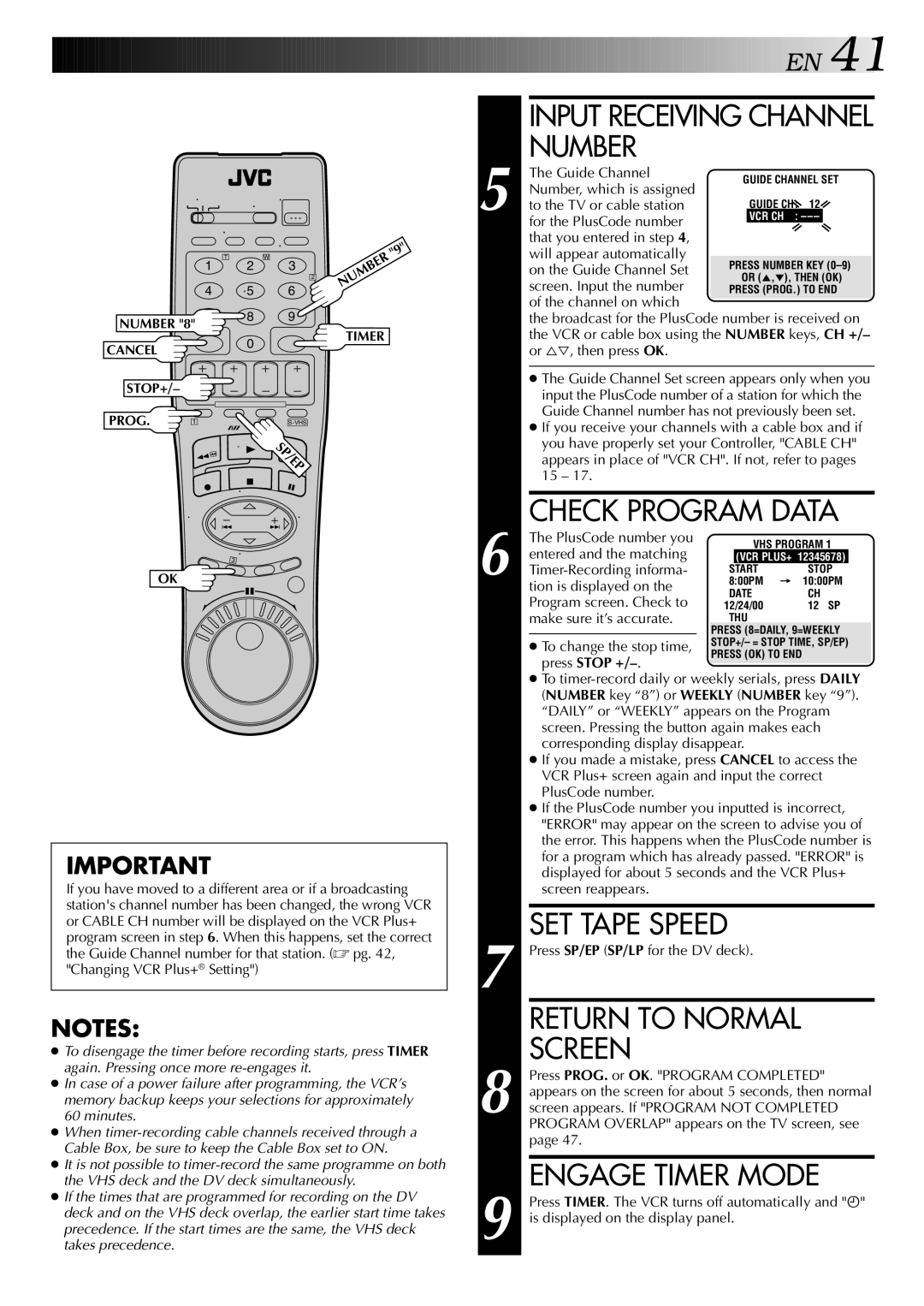 JVC HR-DVS2U manual Input Receiving Channel Number, Check Program Data, Engage Timer Mode 