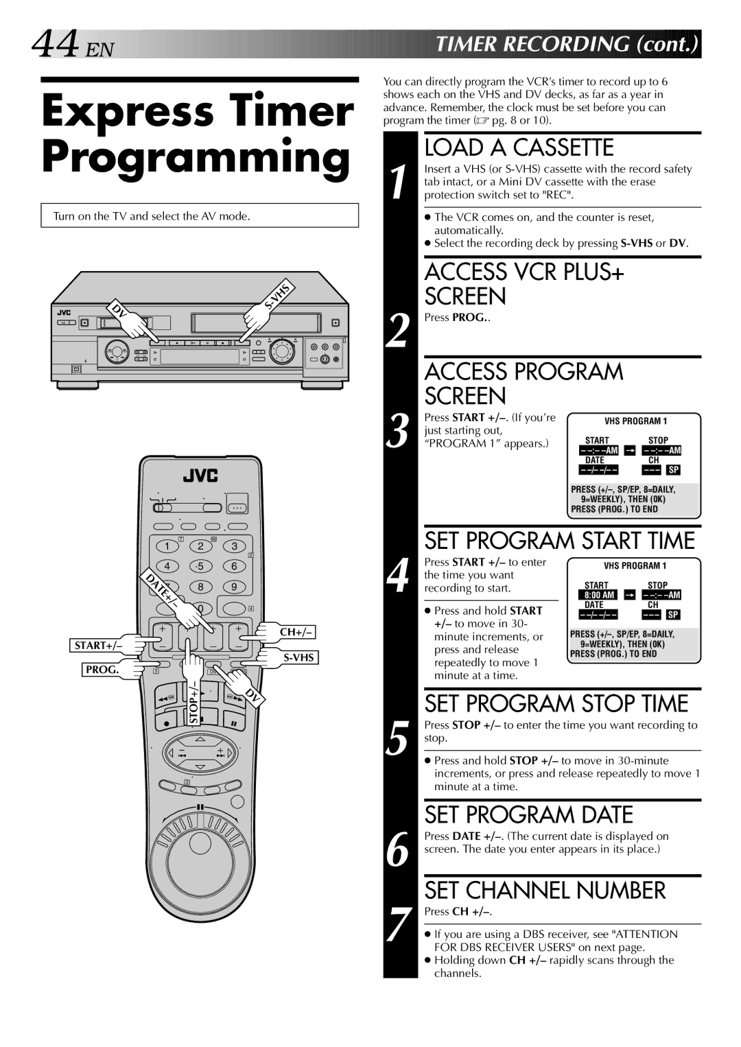 JVC HR-DVS2U manual Express Timer, SET Program Stop Time, SET Program Date, SET Channel Number 