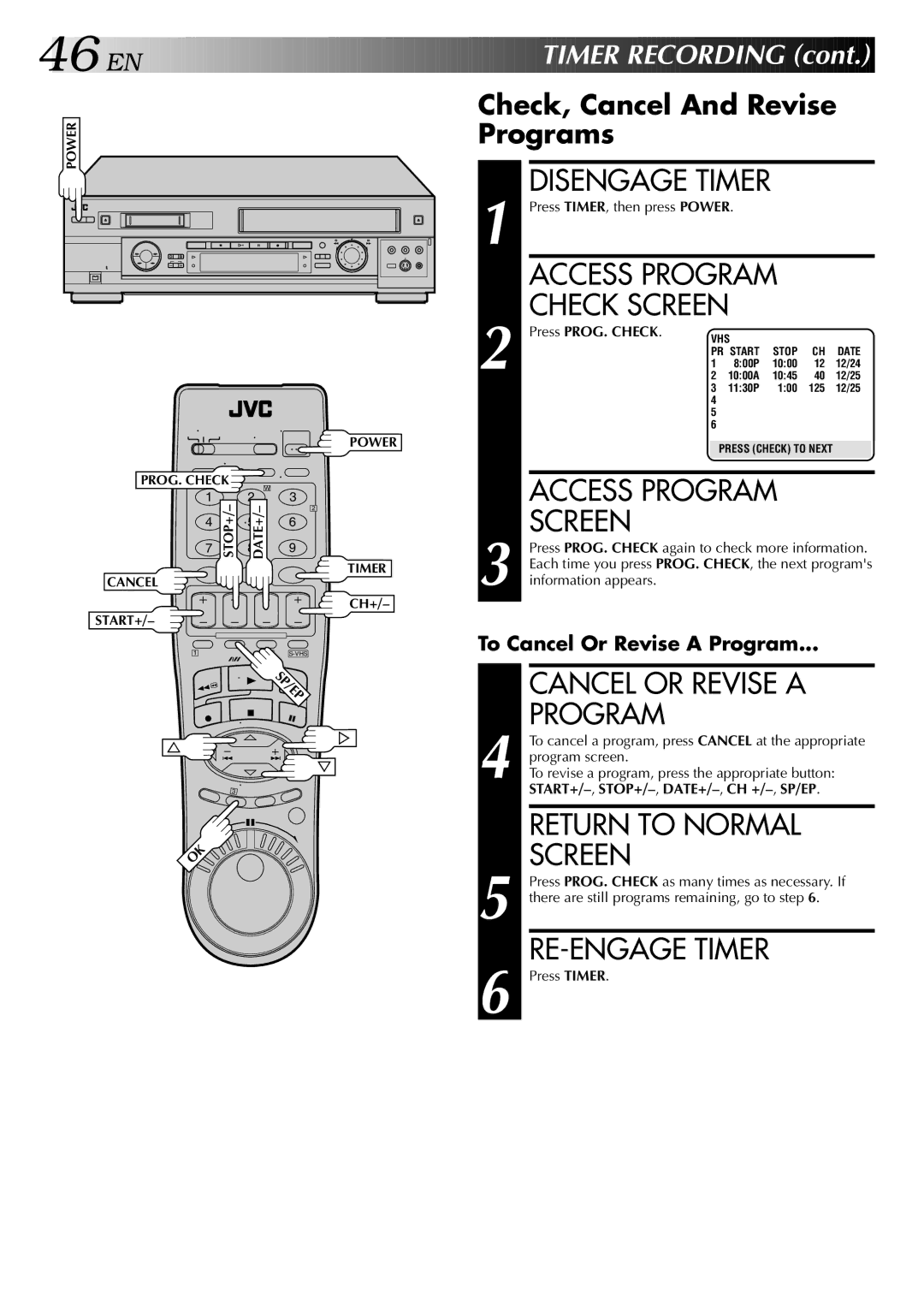 JVC HR-DVS2U manual Access Program Check Screen, Access Program Screen, Check, Cancel And Revise Programs 