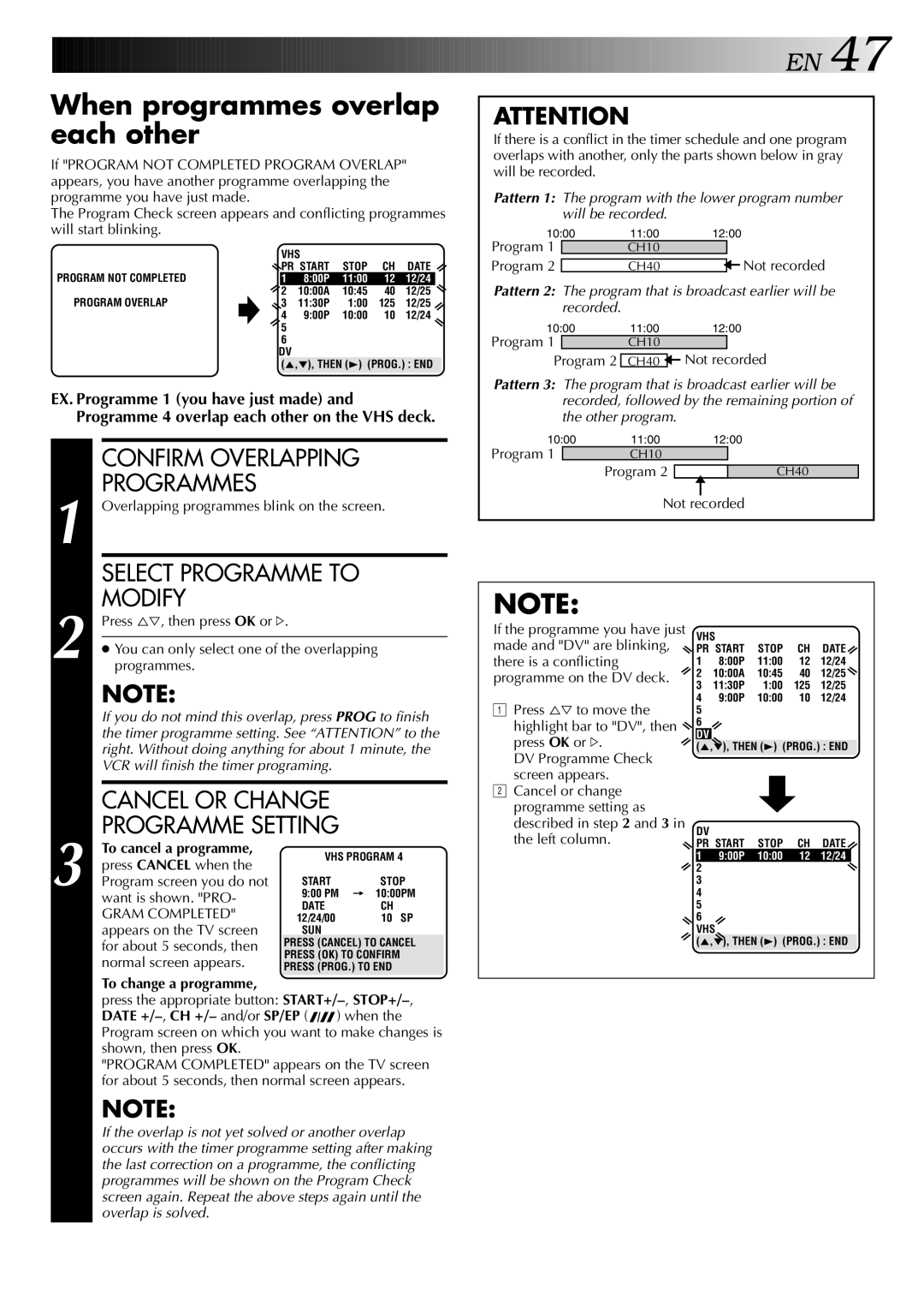 JVC HR-DVS2U manual Confirm Overlapping, Programmes, Select Programme to, Modify, Cancel or Change Programme Setting 