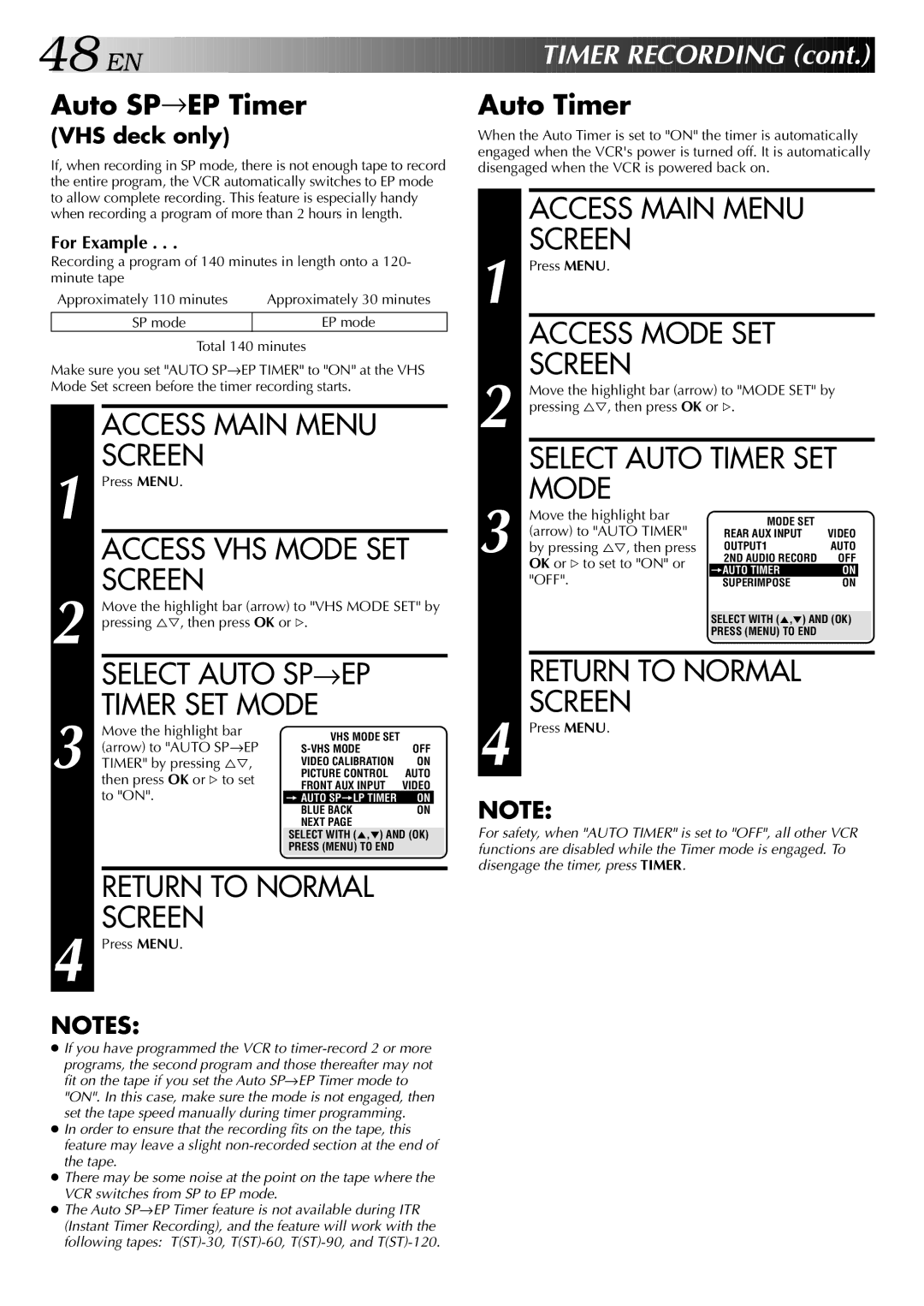 JVC HR-DVS2U manual 48 EN, Timer SET Mode, Timer Recording, Auto SP→EP Timer, Auto Timer 