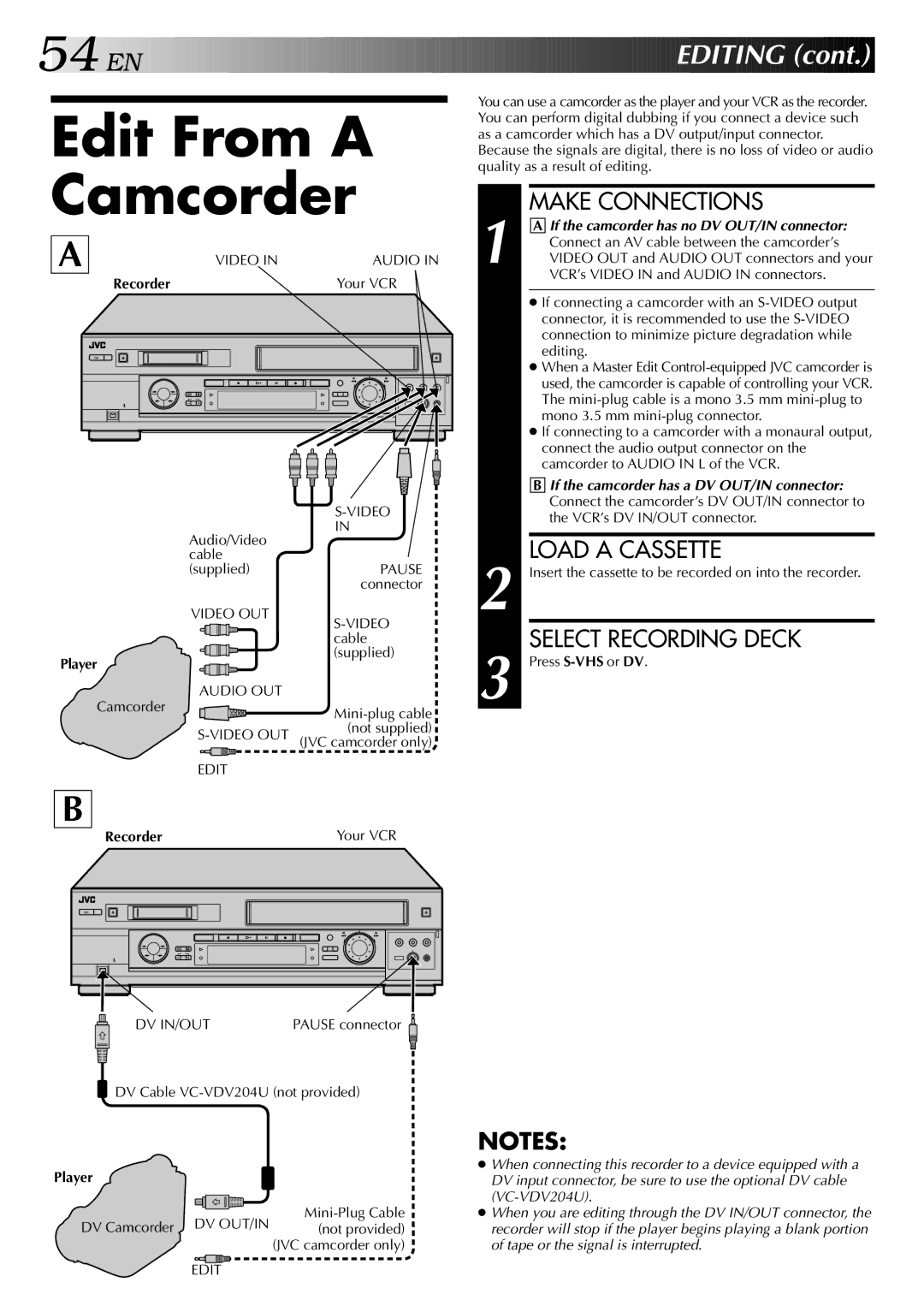 JVC HR-DVS2U manual 54 EN, Make Connections, Load a Cassette 