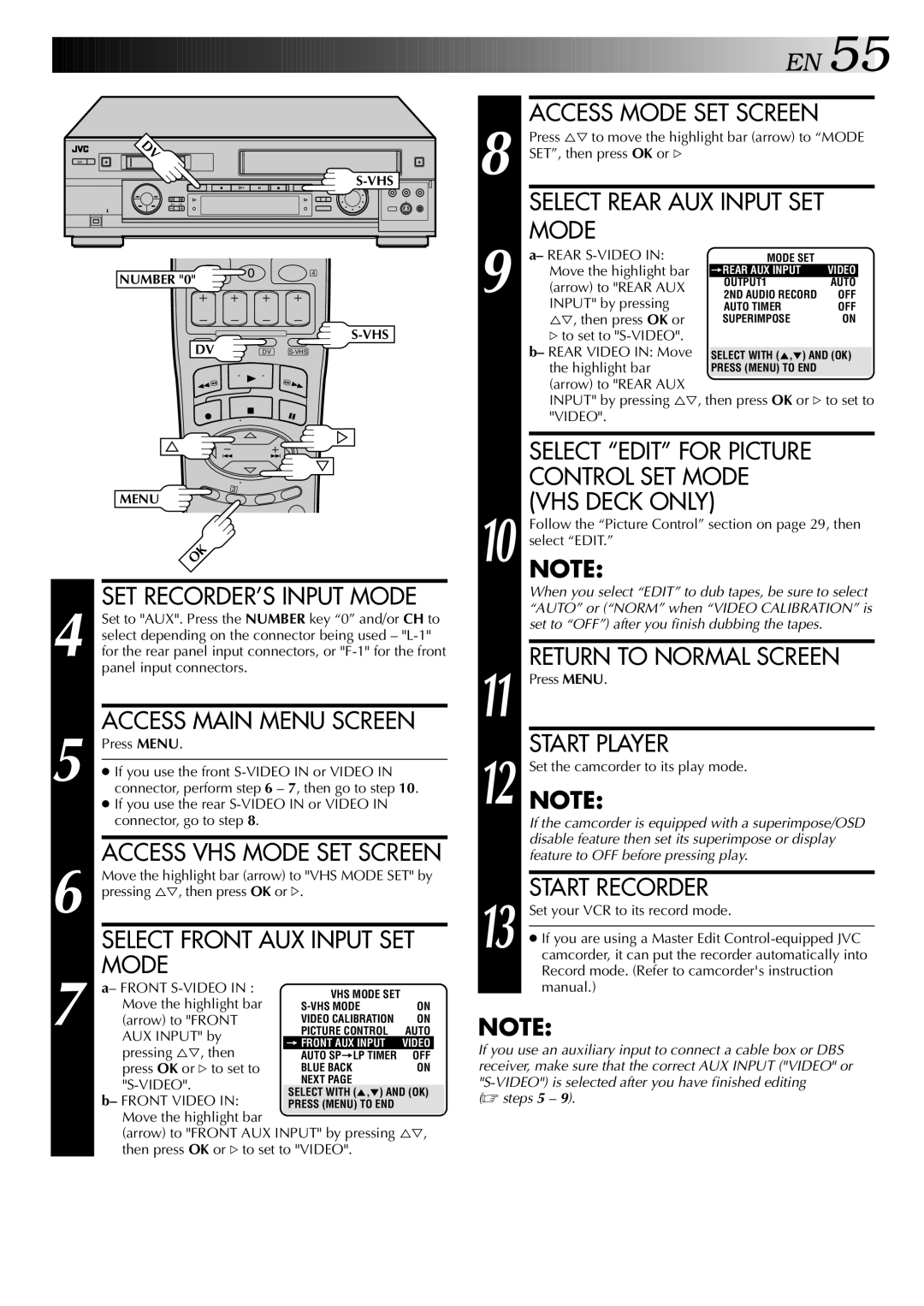 JVC HR-DVS2U manual SET RECORDER’S Input Mode, Select Front AUX Input SET, Select Edit for Picture, Control SET Mode 