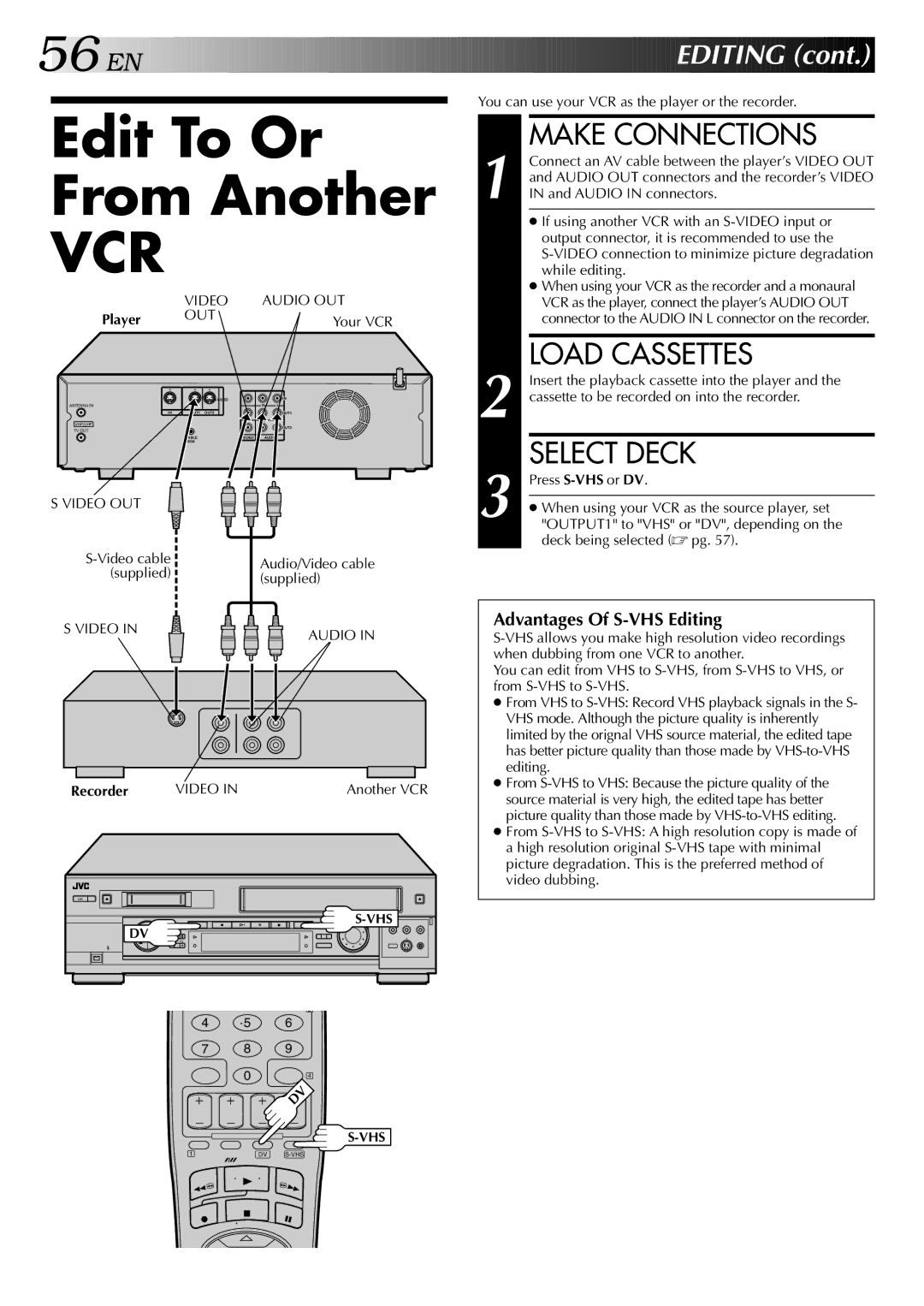 JVC HR-DVS2U manual Edit To Or From Another, 56 EN, Make Connections, Editing 