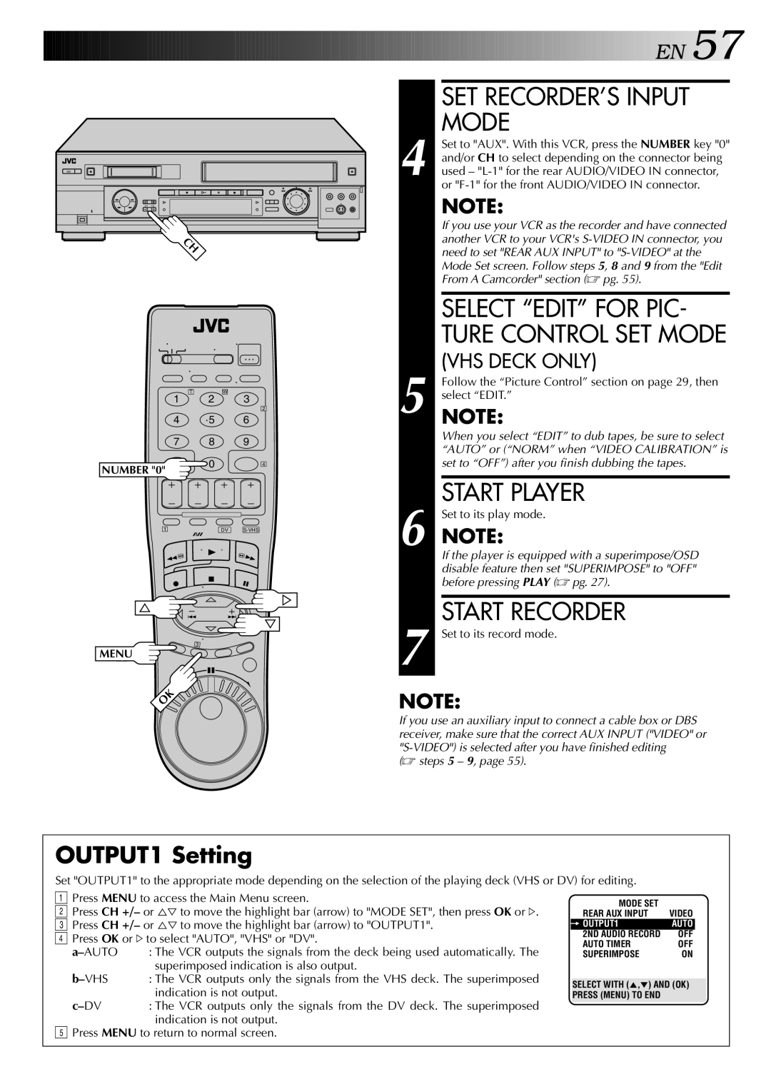 JVC HR-DVS2U manual SET RECORDER’S Input Mode, Select Edit for PIC, Start Player, Start Recorder, OUTPUT1 Setting 